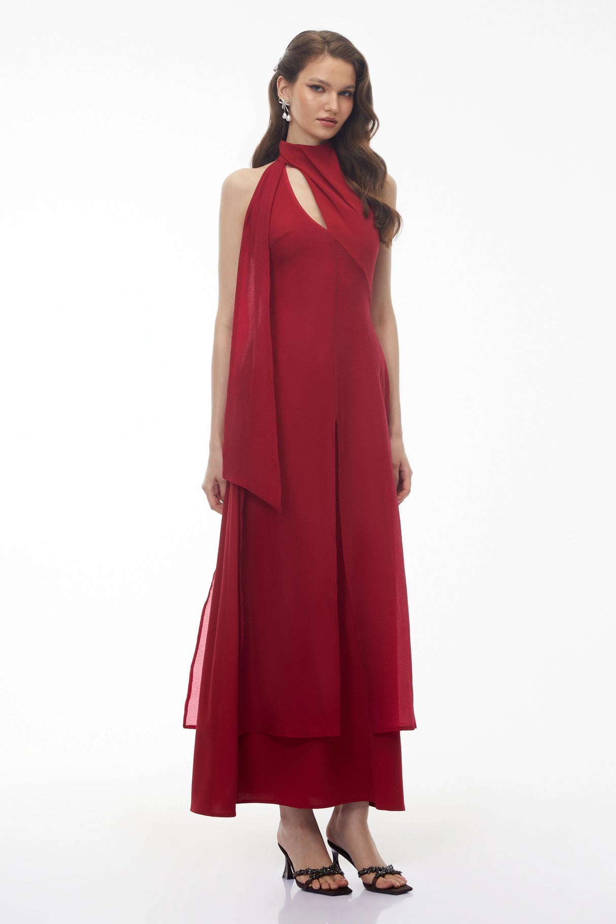 Berenice Red Halterneck Maxi Dress with CutOuts