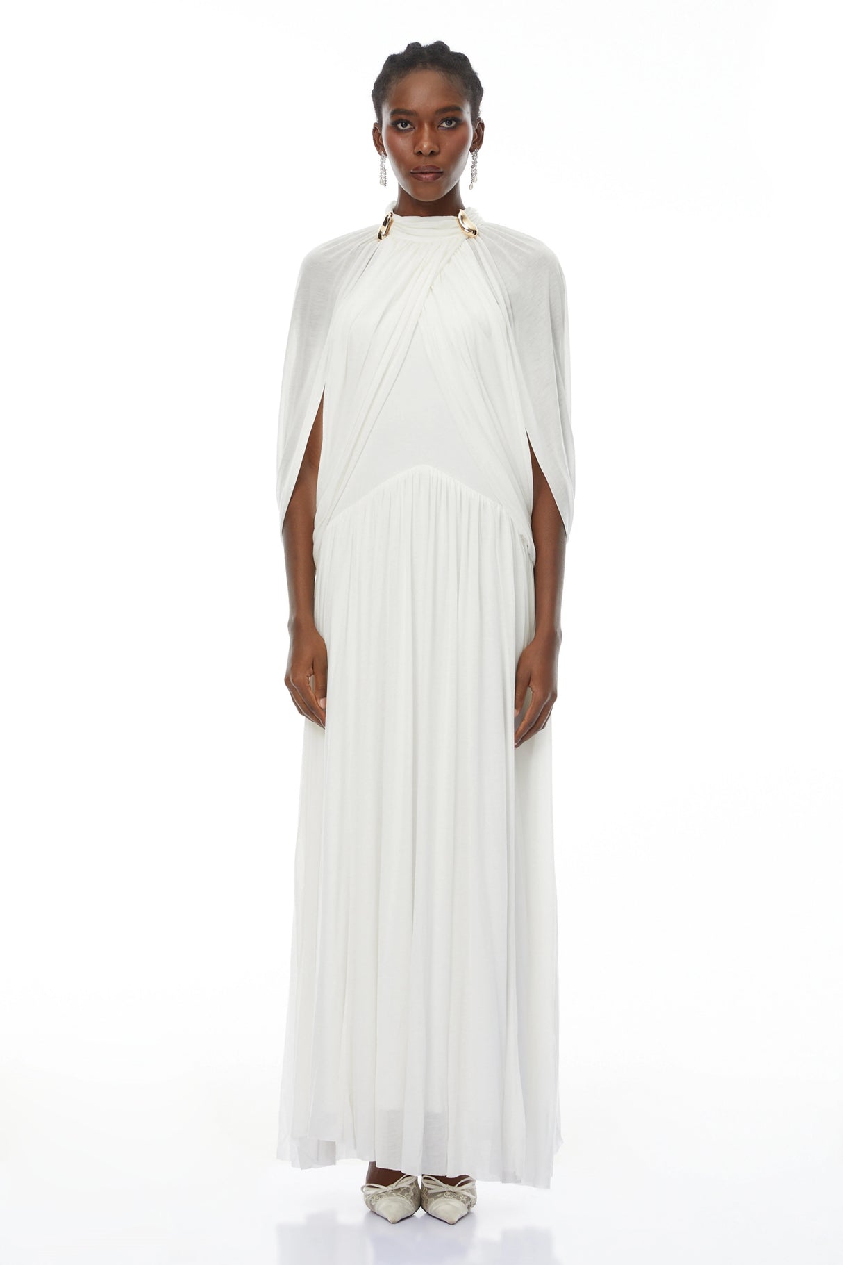 Bergljot White Cape Design Mesh Maxi Dress