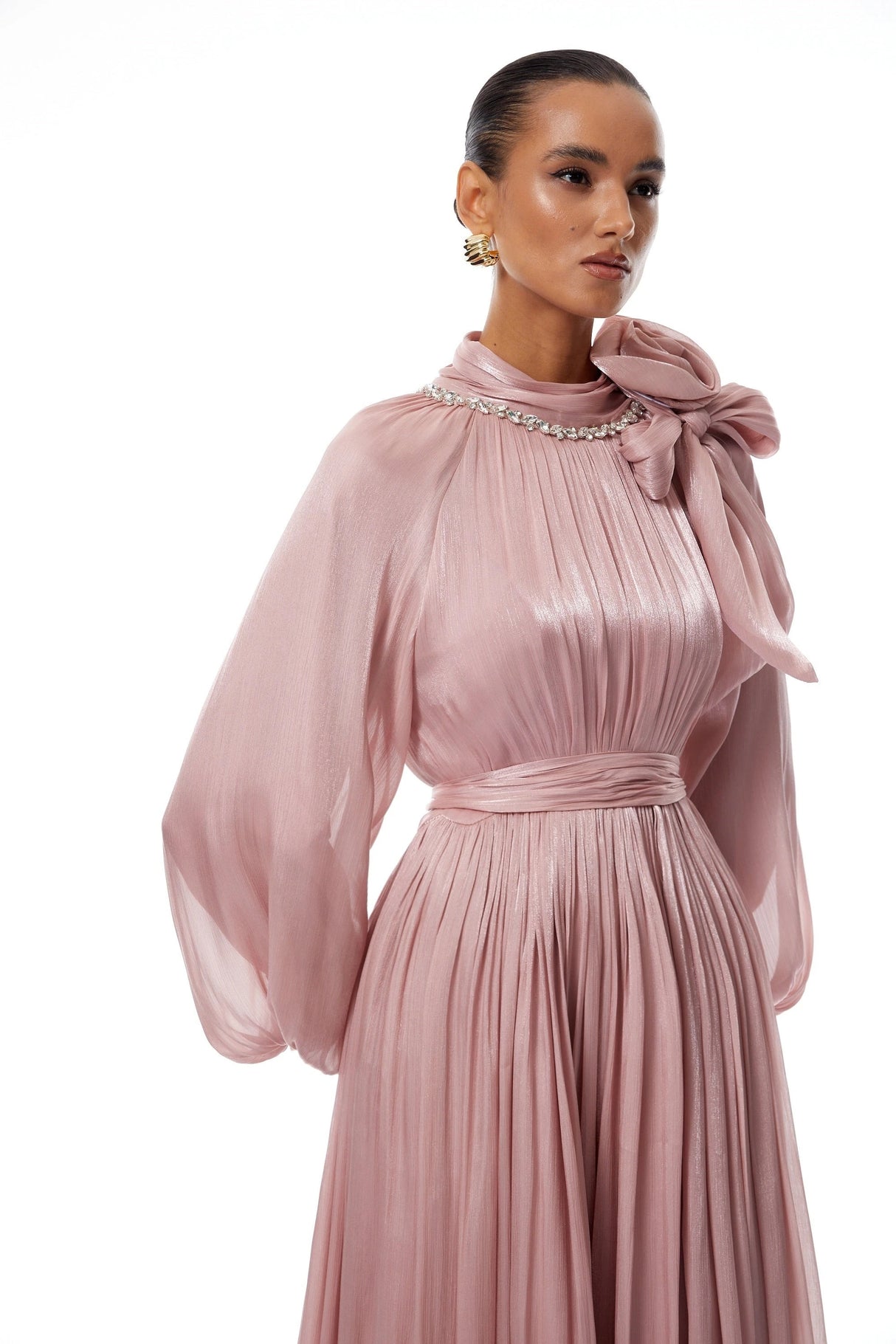 Birna Pink Floral Pleated Glossy Maxi Dress