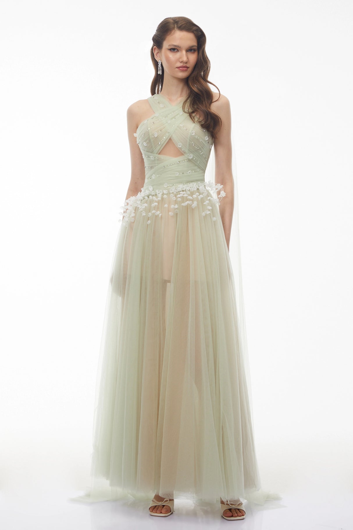 Bonnie Green Cross Front Maxi Dress with 3D Petals