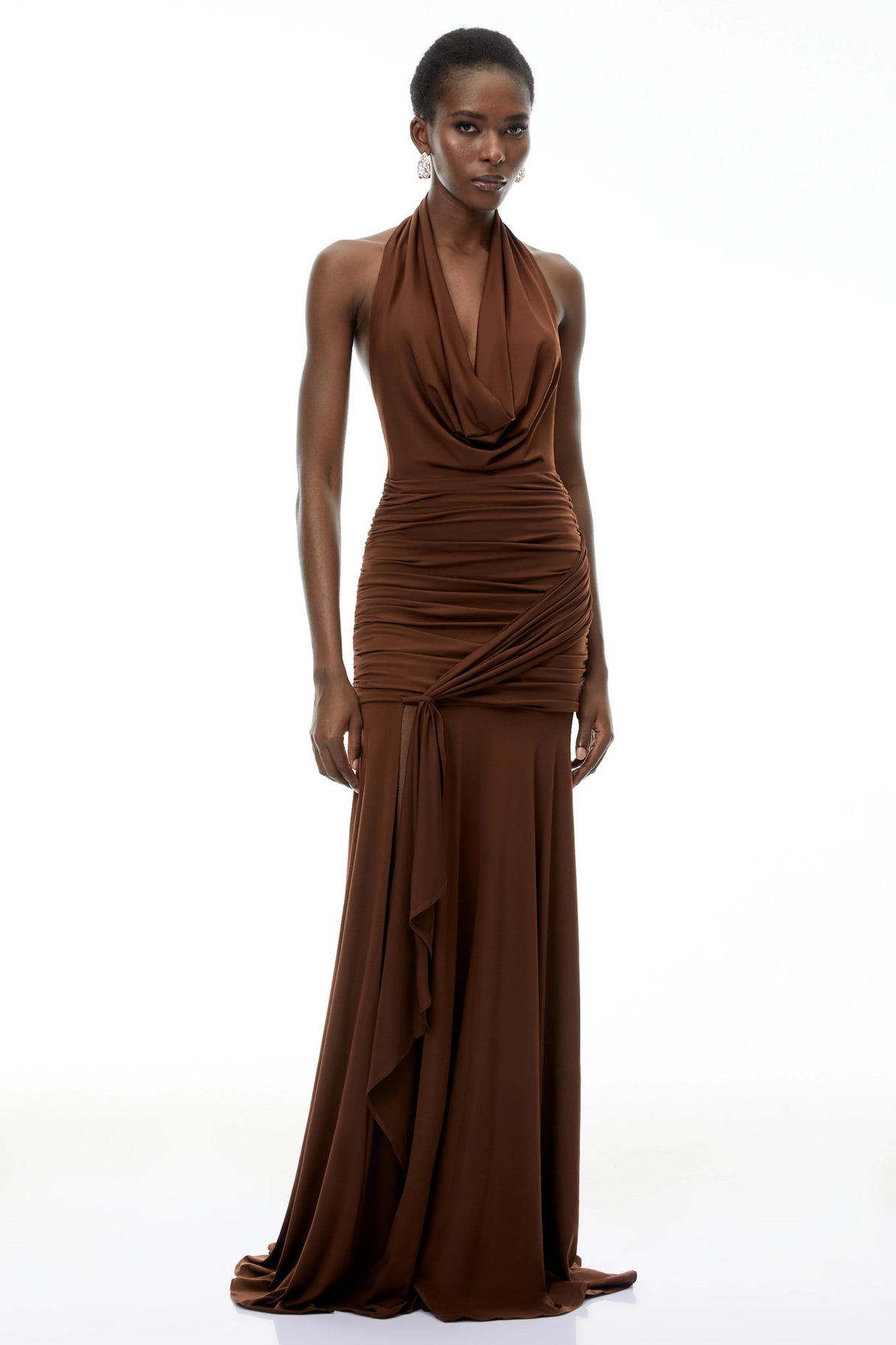 Brianna Chocolate Brown Halterneck Ruched Maxi Dress