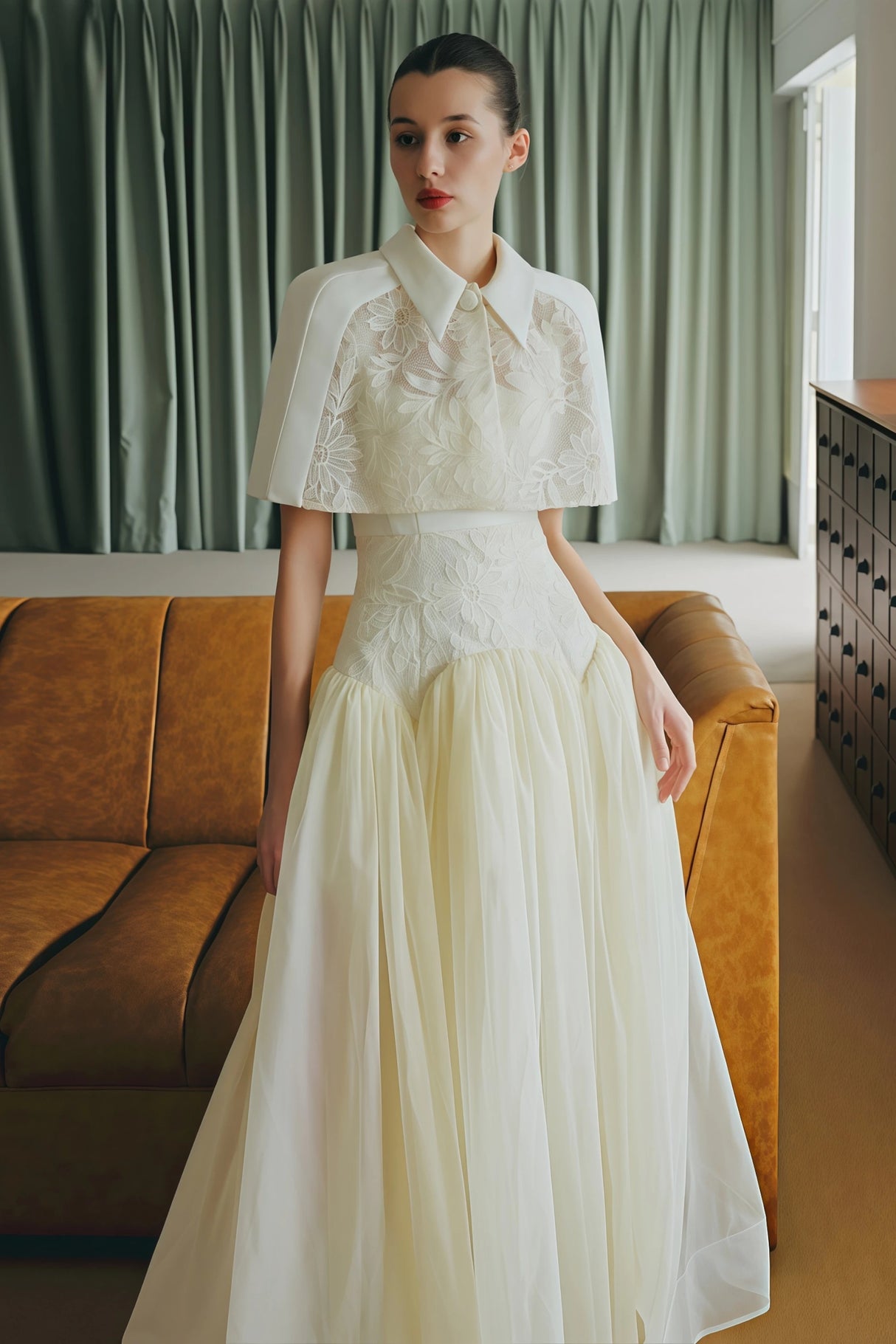 Brooke White Lace Panel Cape Dress Set