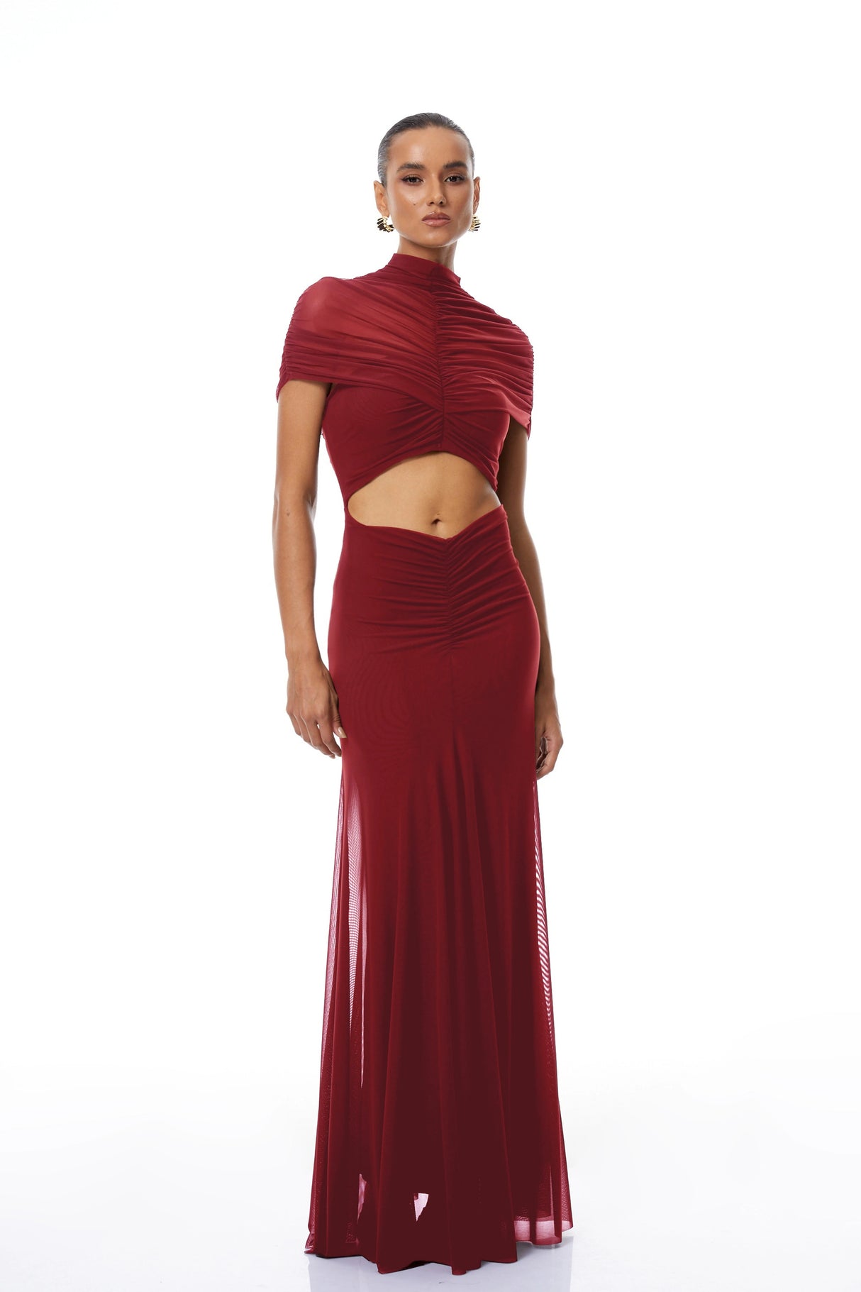Bruna Red CutOut Ruched Mesh Maxi Dress