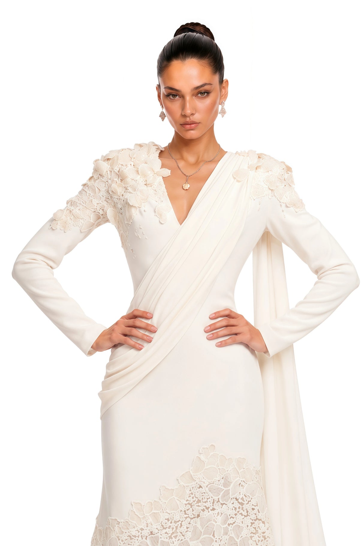 Calanthe Champagne Floral Lace Maxi Dress with Ribbon Detail