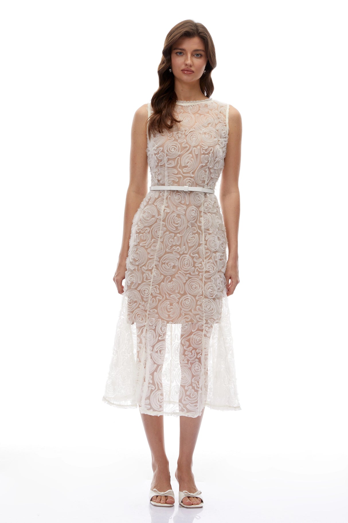Calista White Lace Midi Dress with 3D Floral