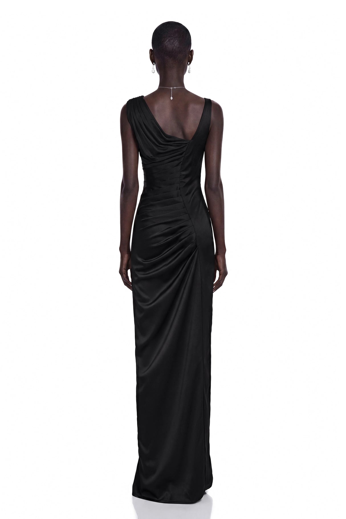 Calliope Black Asymmetrical Ruched Maxi Dress