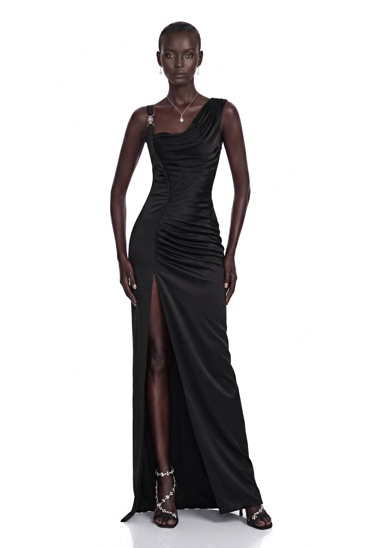 Calliope Black Asymmetrical Ruched Maxi Dress