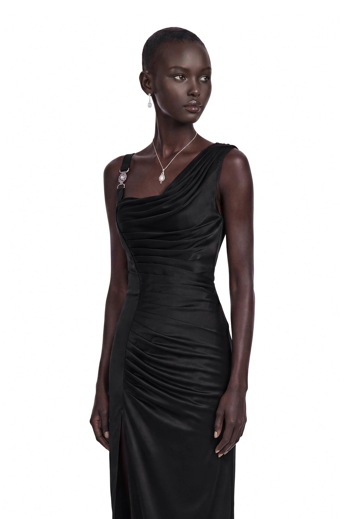 Calliope Black Asymmetrical Ruched Maxi Dress