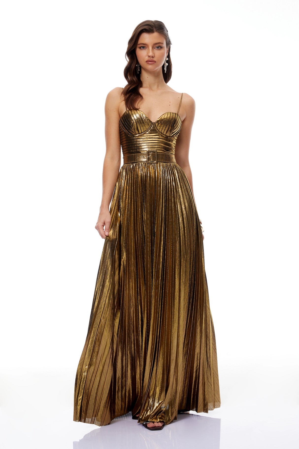 Calliope Gold Glossy Pleated Maxi Dress