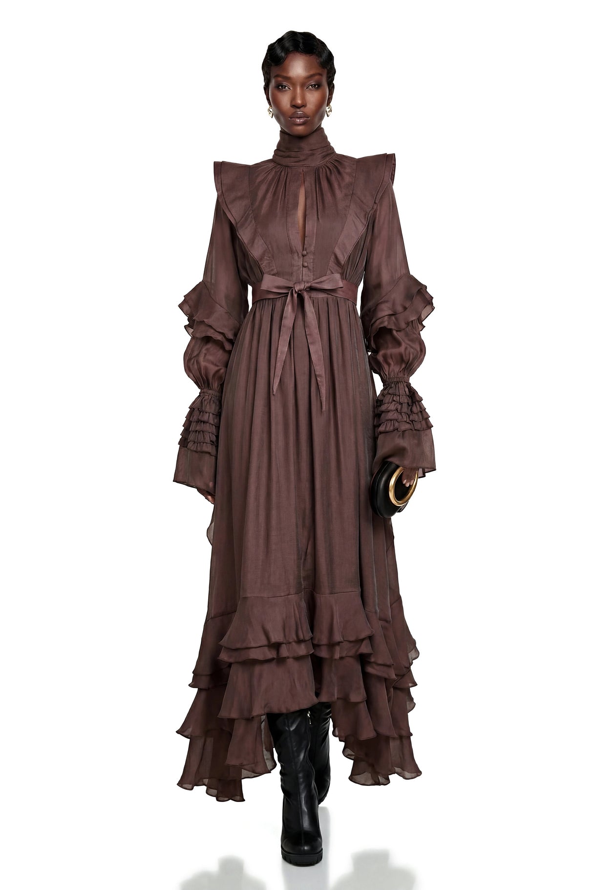 Callirhoe Chocolate Brown Ruffled Ruched Maxi Dress