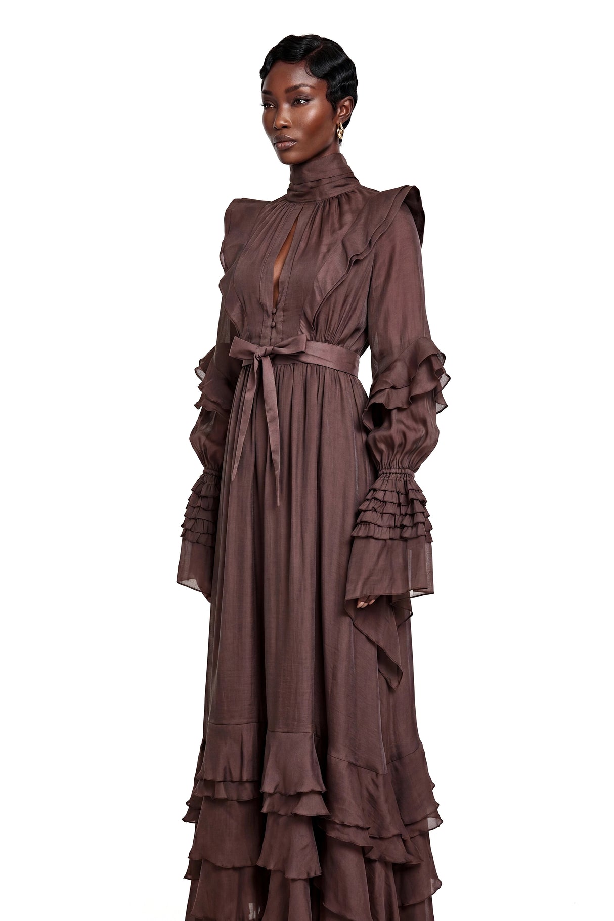 Callirhoe Chocolate Brown Ruffled Ruched Maxi Dress