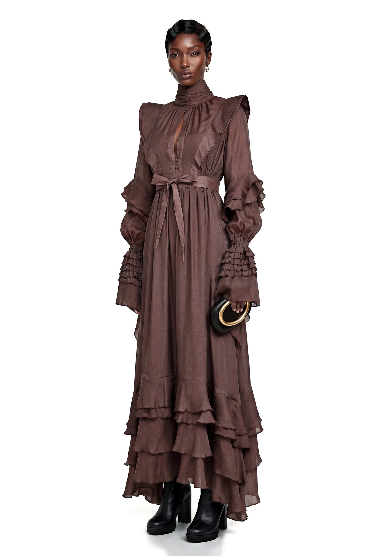 Callirhoe Chocolate Brown Ruffled Ruched Maxi Dress