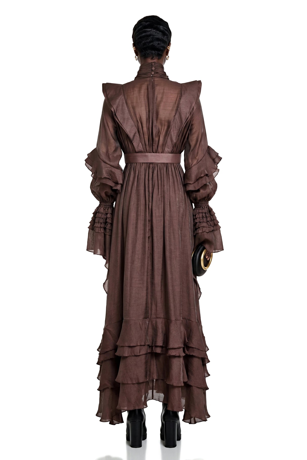 Callirhoe Chocolate Brown Ruffled Ruched Maxi Dress