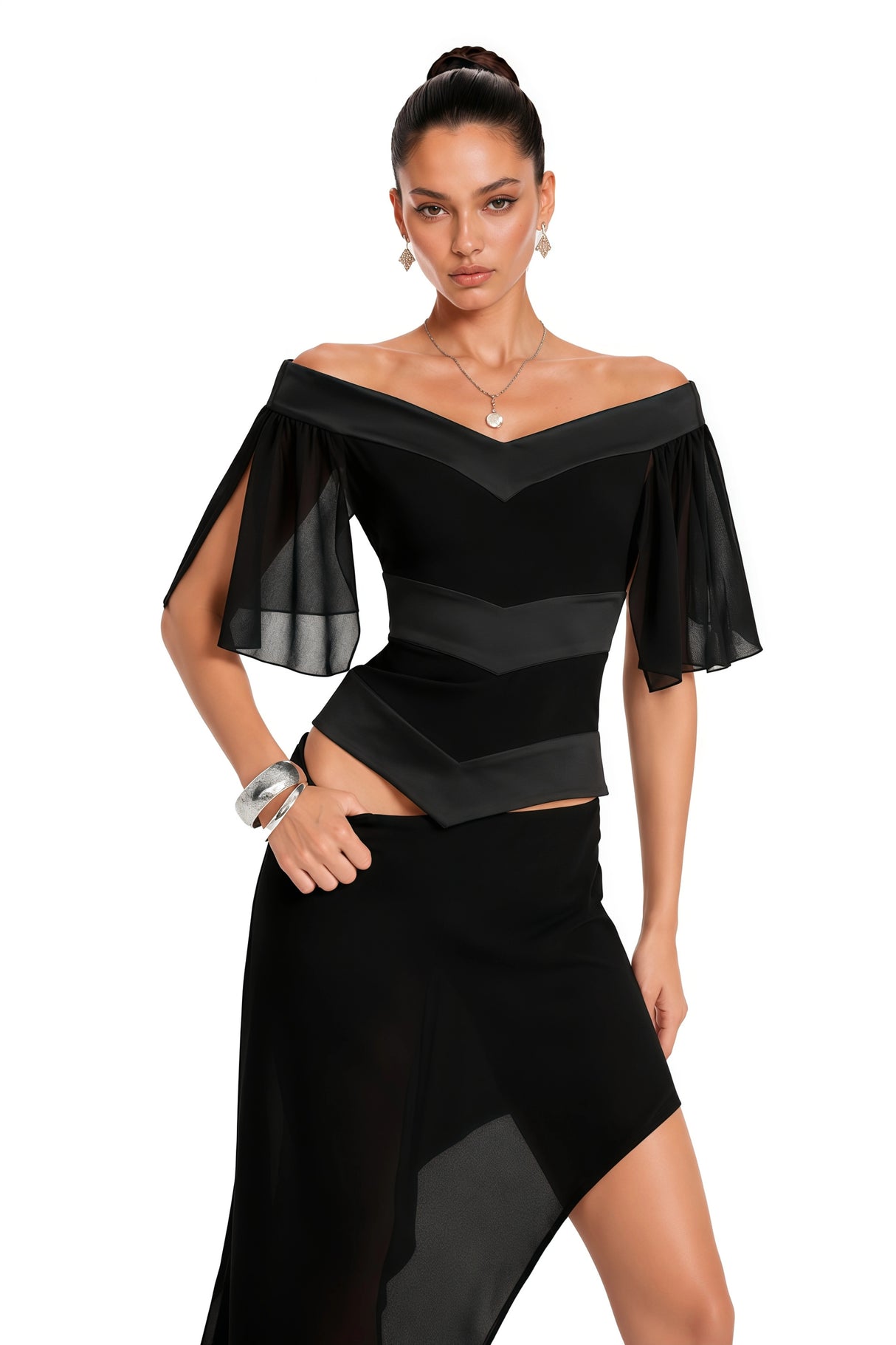 Camellia Black Off Shoulder Asymmetrical Maxi Dress