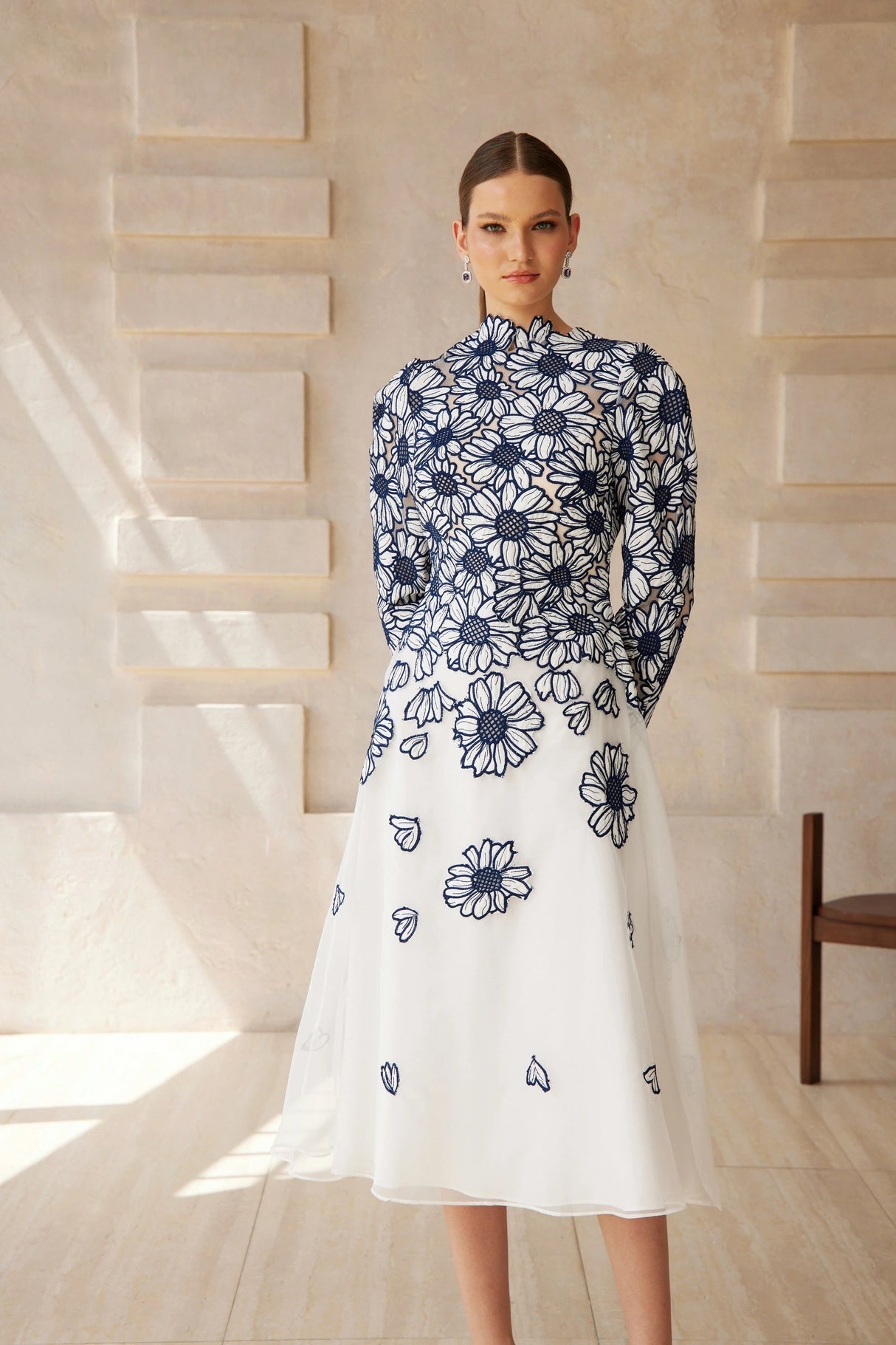 Caméo Blue Floral Embroidered Tulle Midi Dress