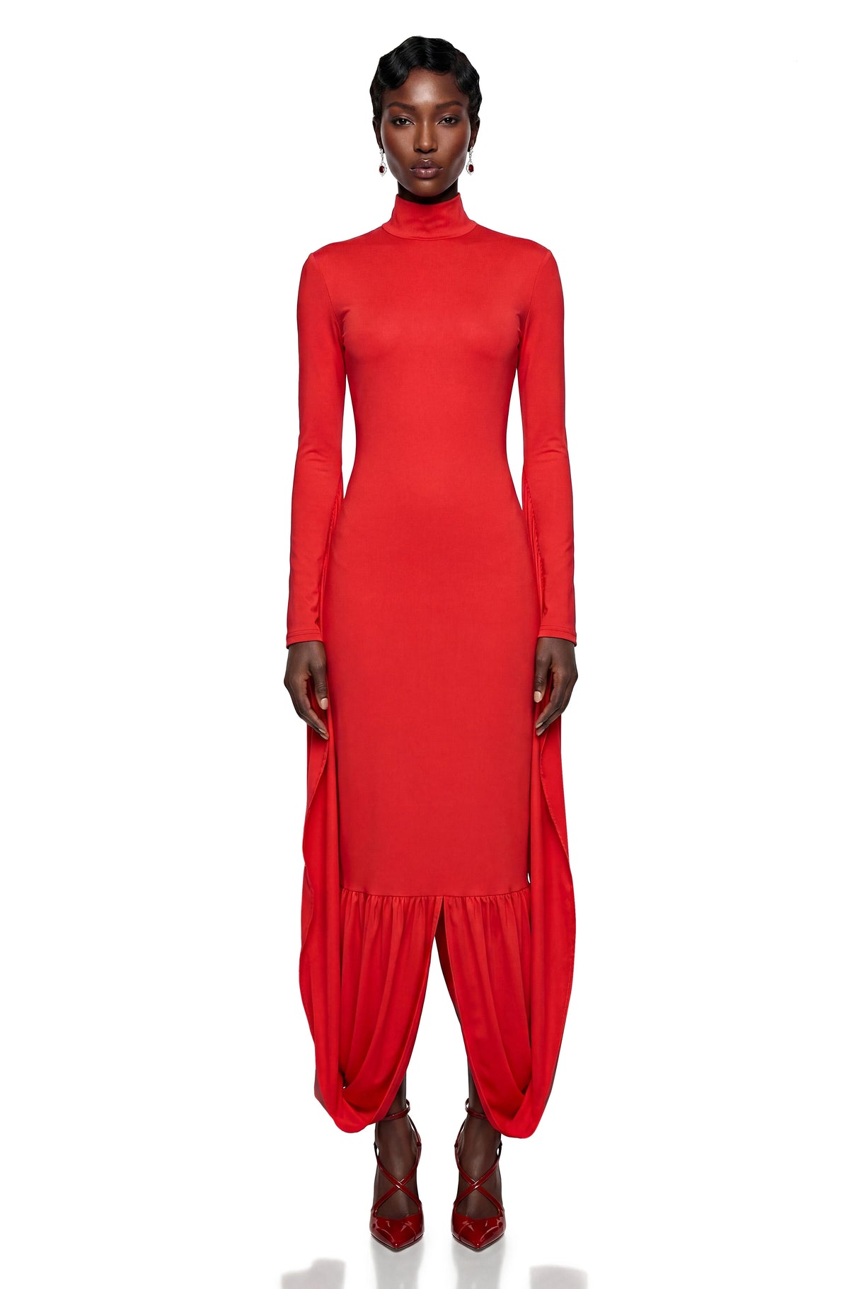 Camila Red Bodycon Midi Dress with Gathered balloon hem