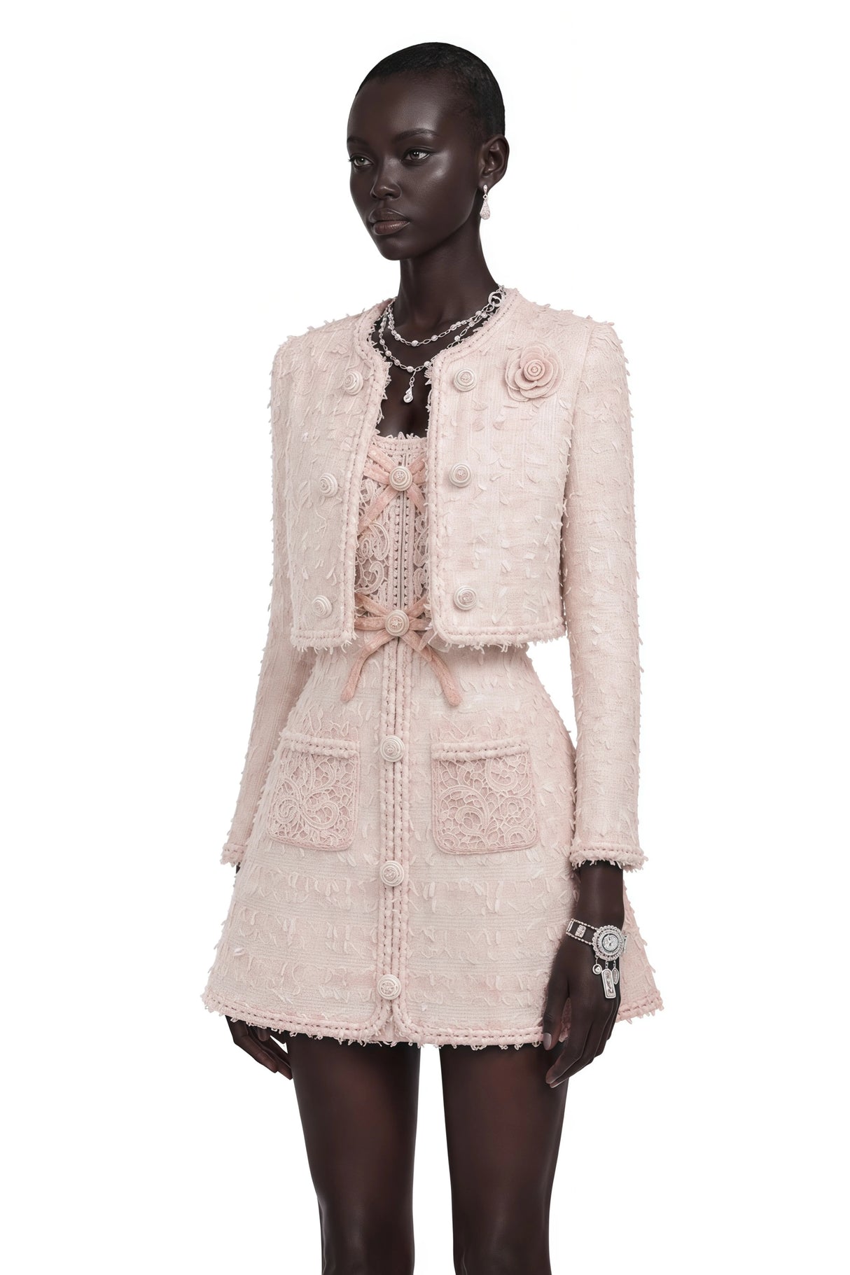 Camille Pink Tweed Jacket with 3D Floral Lace Dress Set