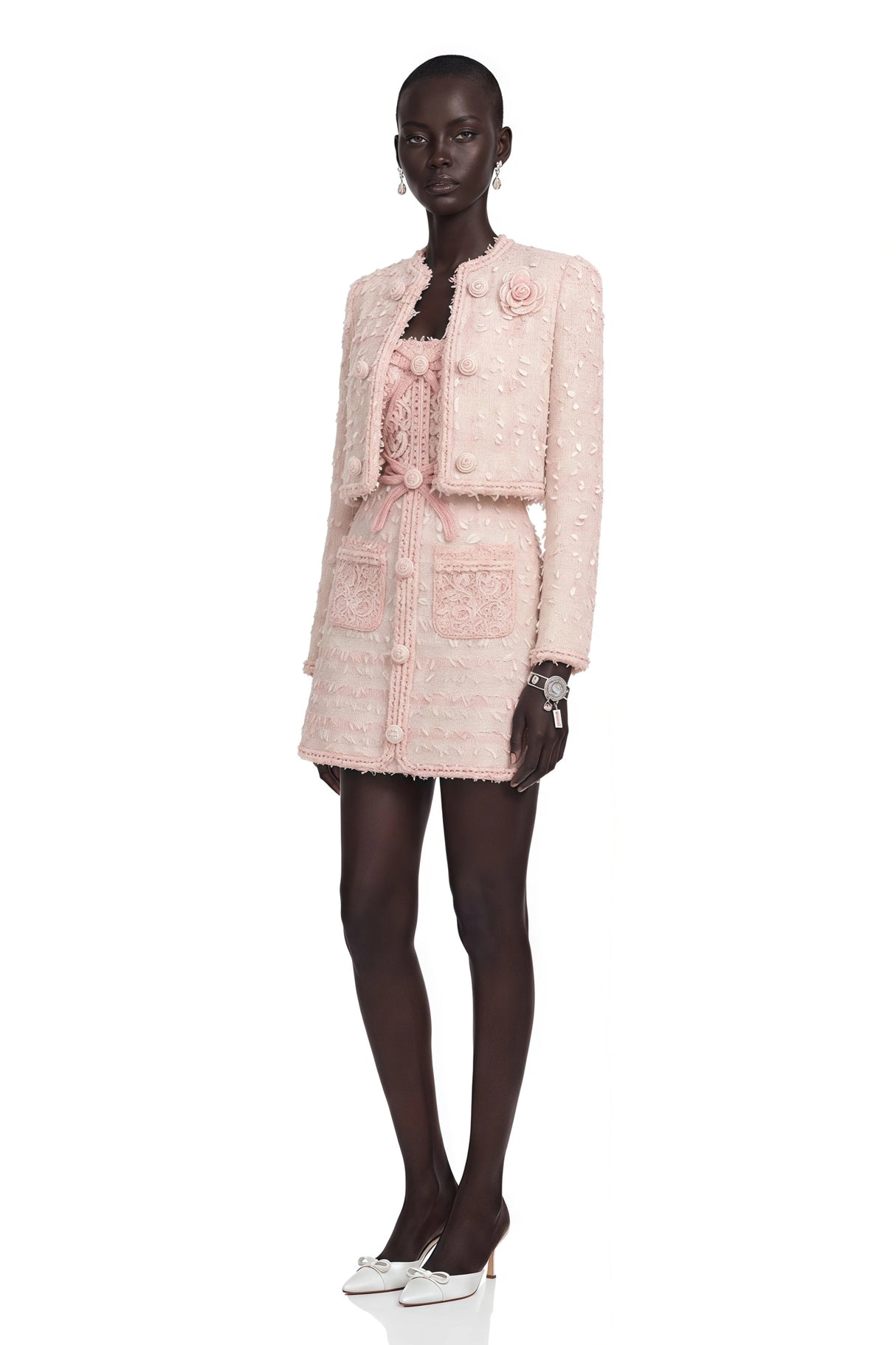 Camille Pink Tweed Jacket with 3D Floral Lace Dress Set