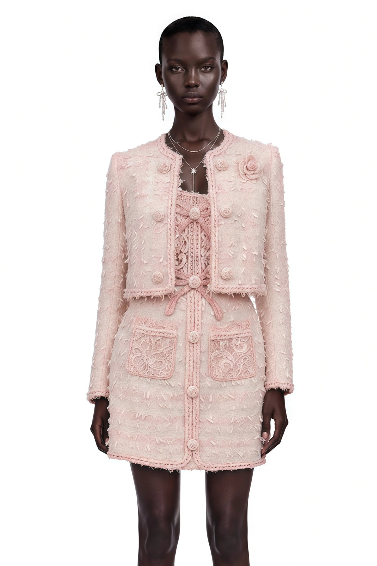 Camille Pink Tweed Jacket with 3D Floral Lace Dress Set