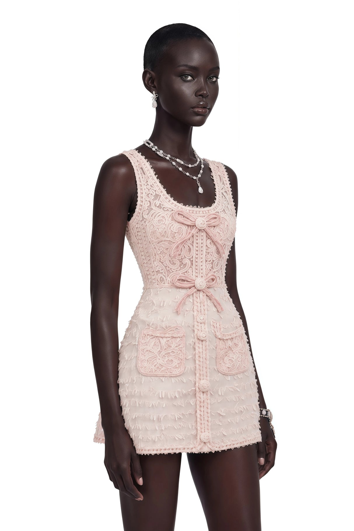 Camille Pink Tweed Jacket with 3D Floral Lace Dress Set
