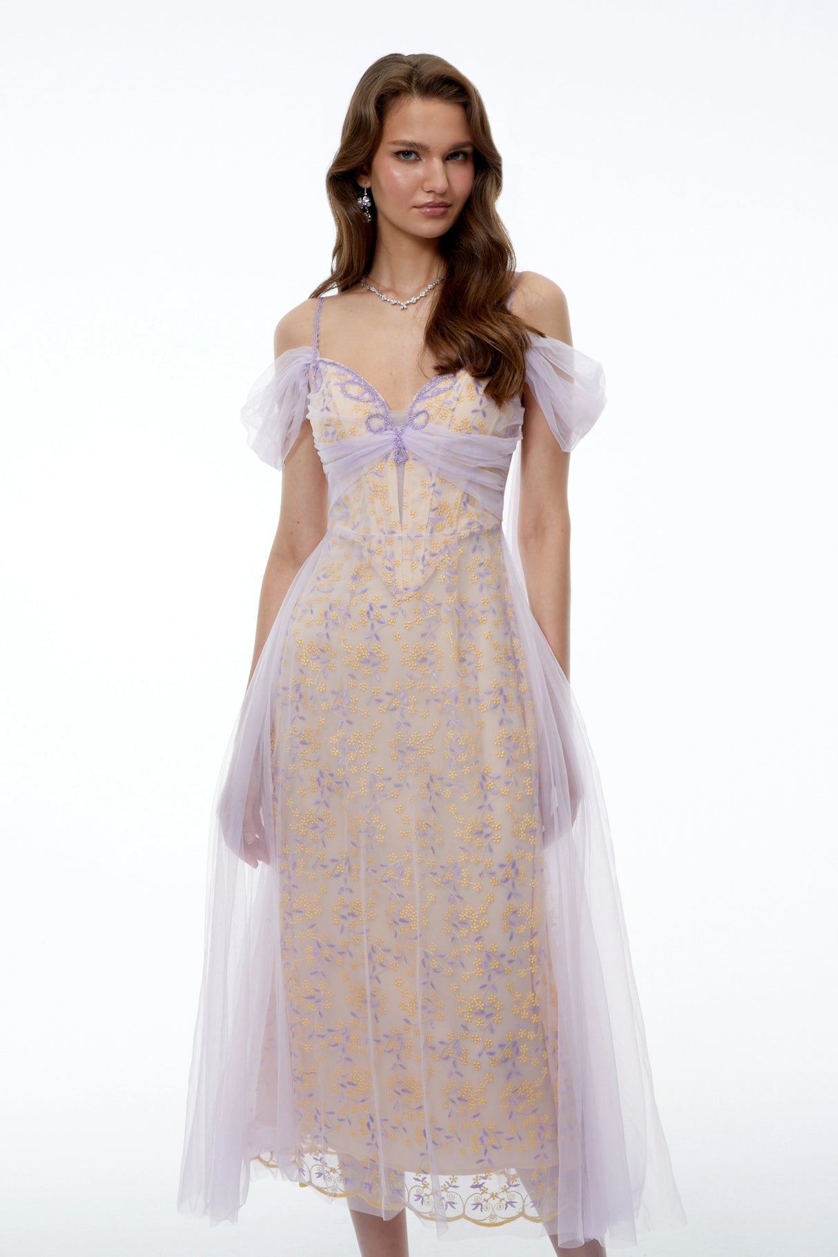 Camille Purple Off Shoulder Floral Embroidered Midi Dress