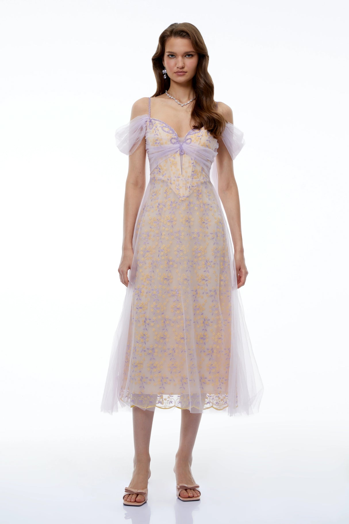 Camille Purple Off Shoulder Floral Embroidered Midi Dress
