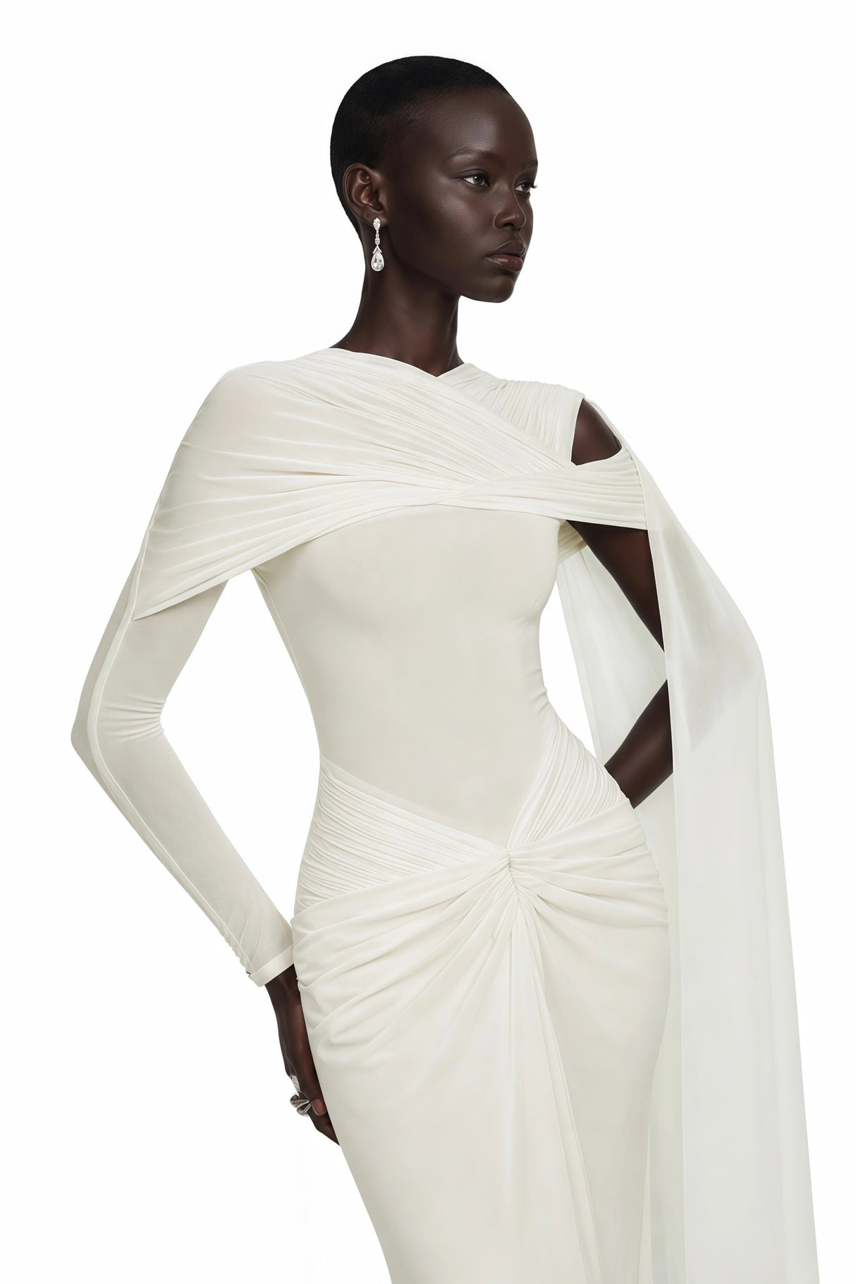Carina White Asymmetrical Maxi Dress with Cape Sleeves