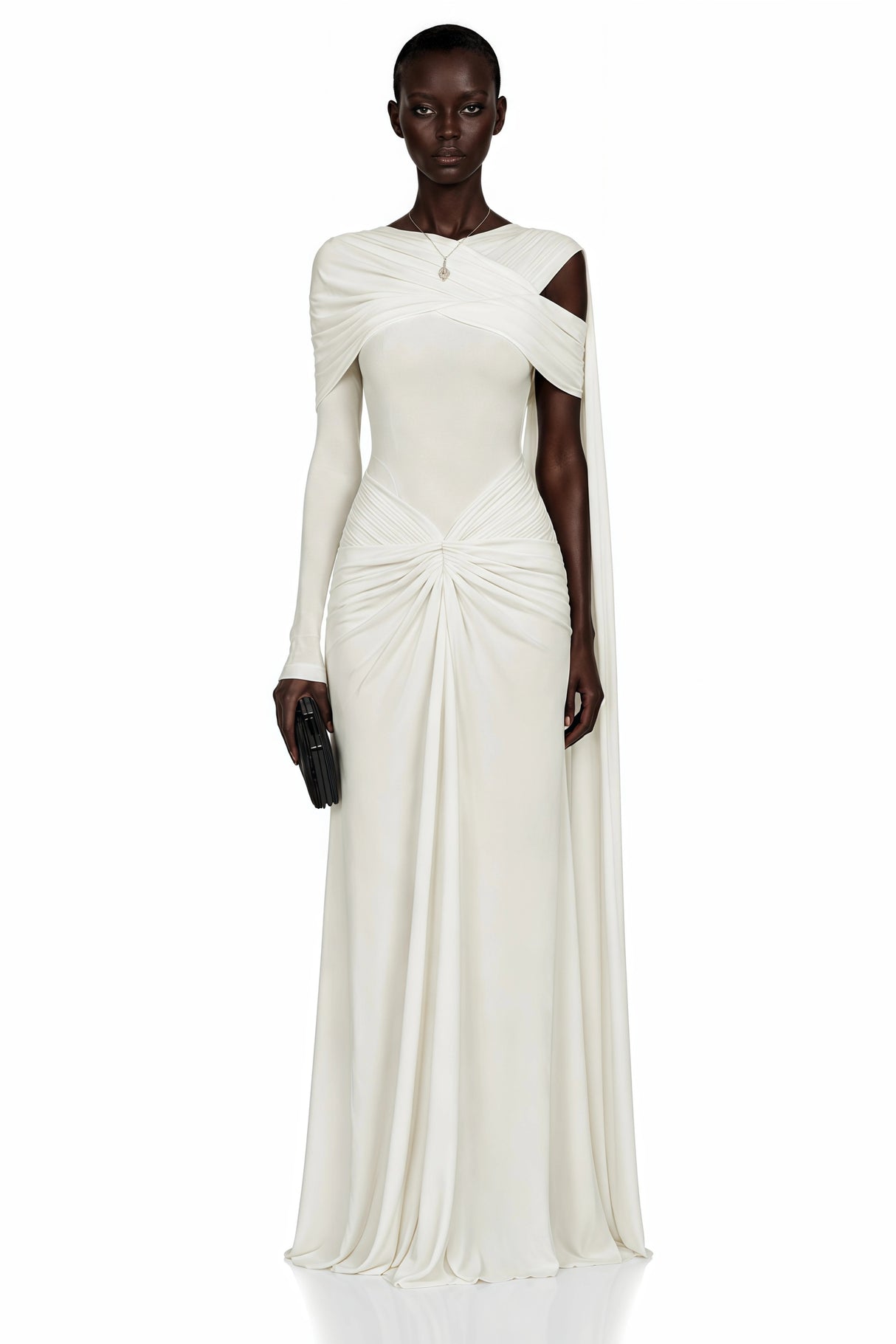Carina White Asymmetrical Maxi Dress with Cape Sleeves