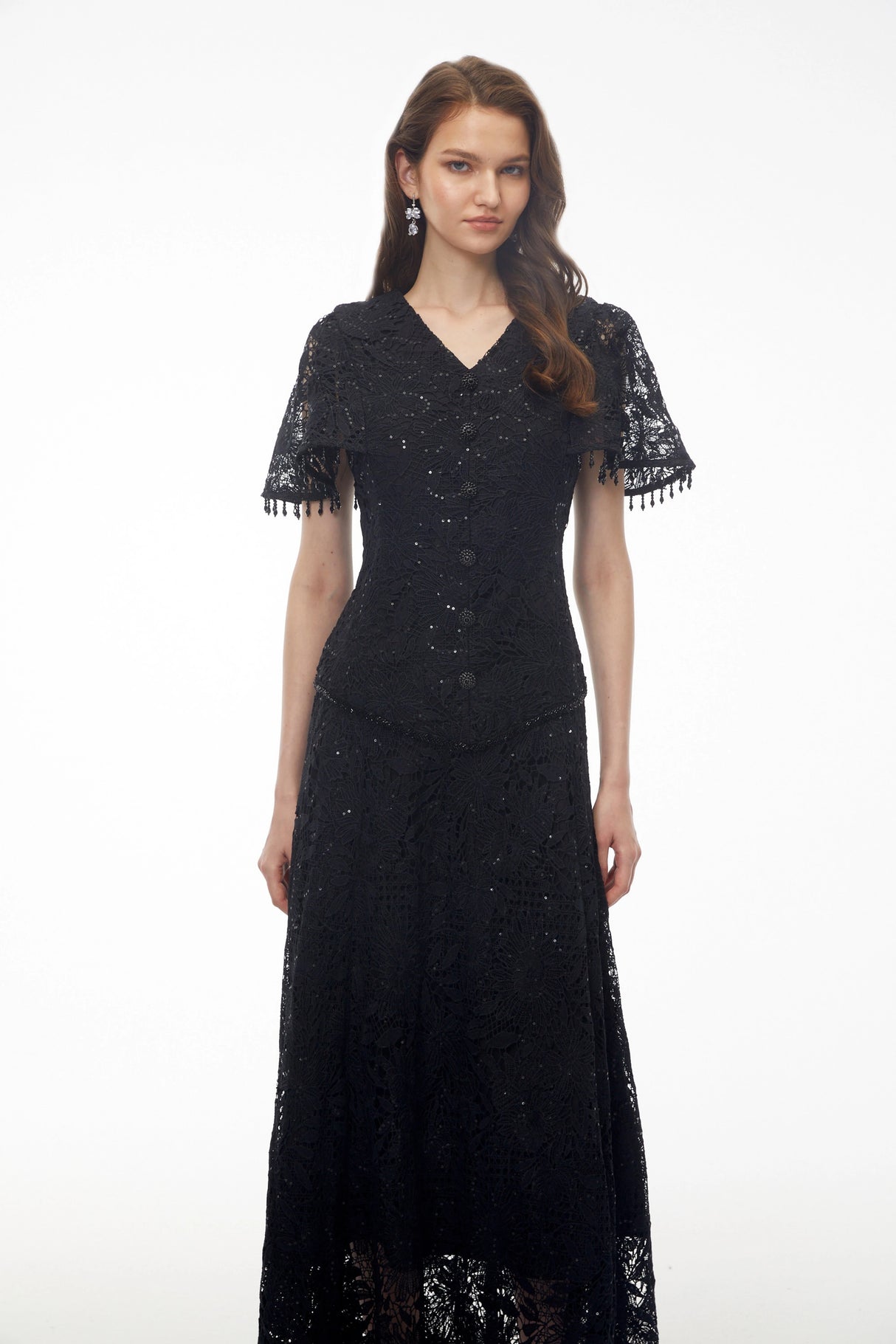 Carlota Black Sequin Floral Lace Maxi Dress