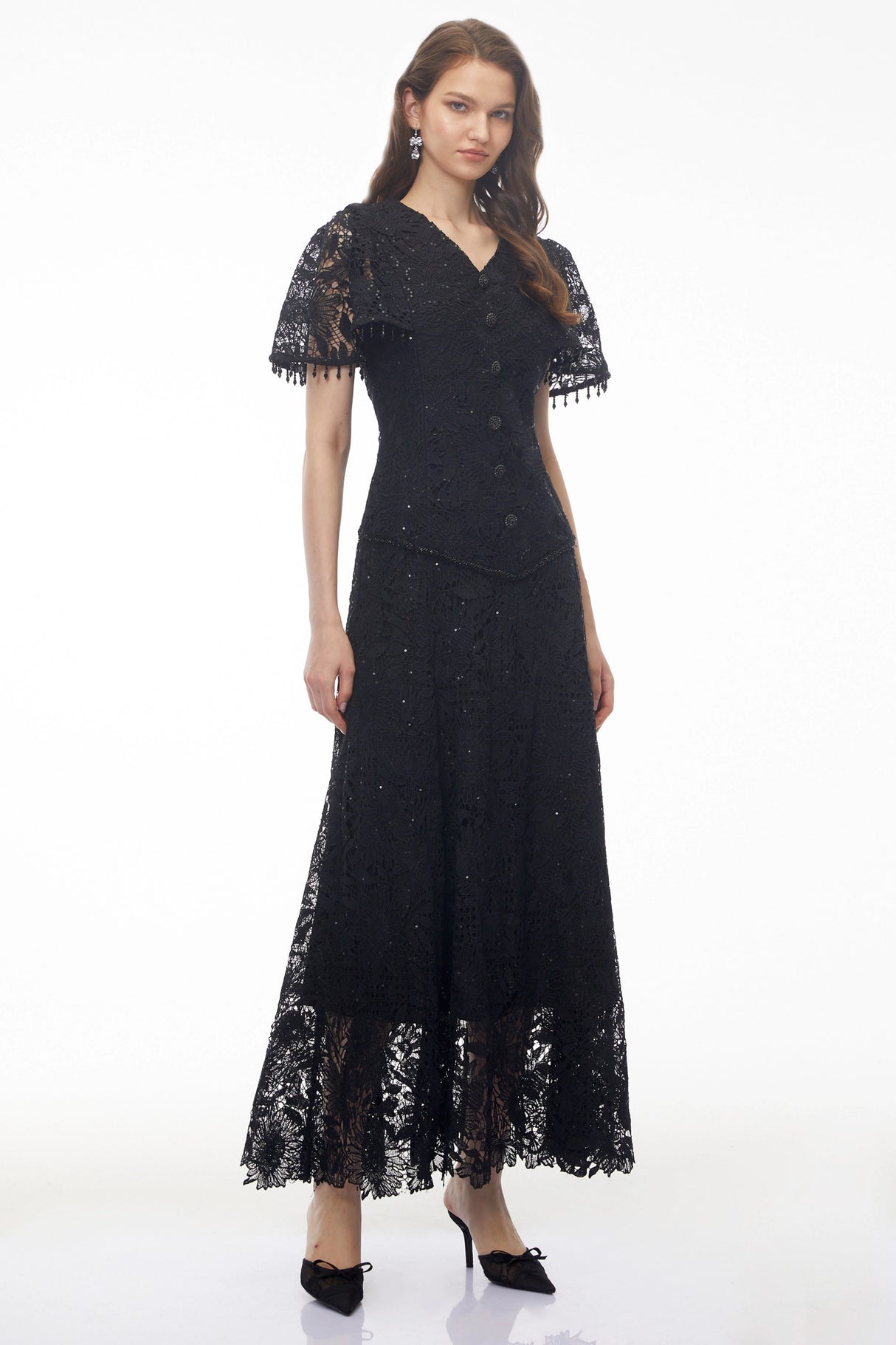 Carlota Black Sequin Floral Lace Maxi Dress
