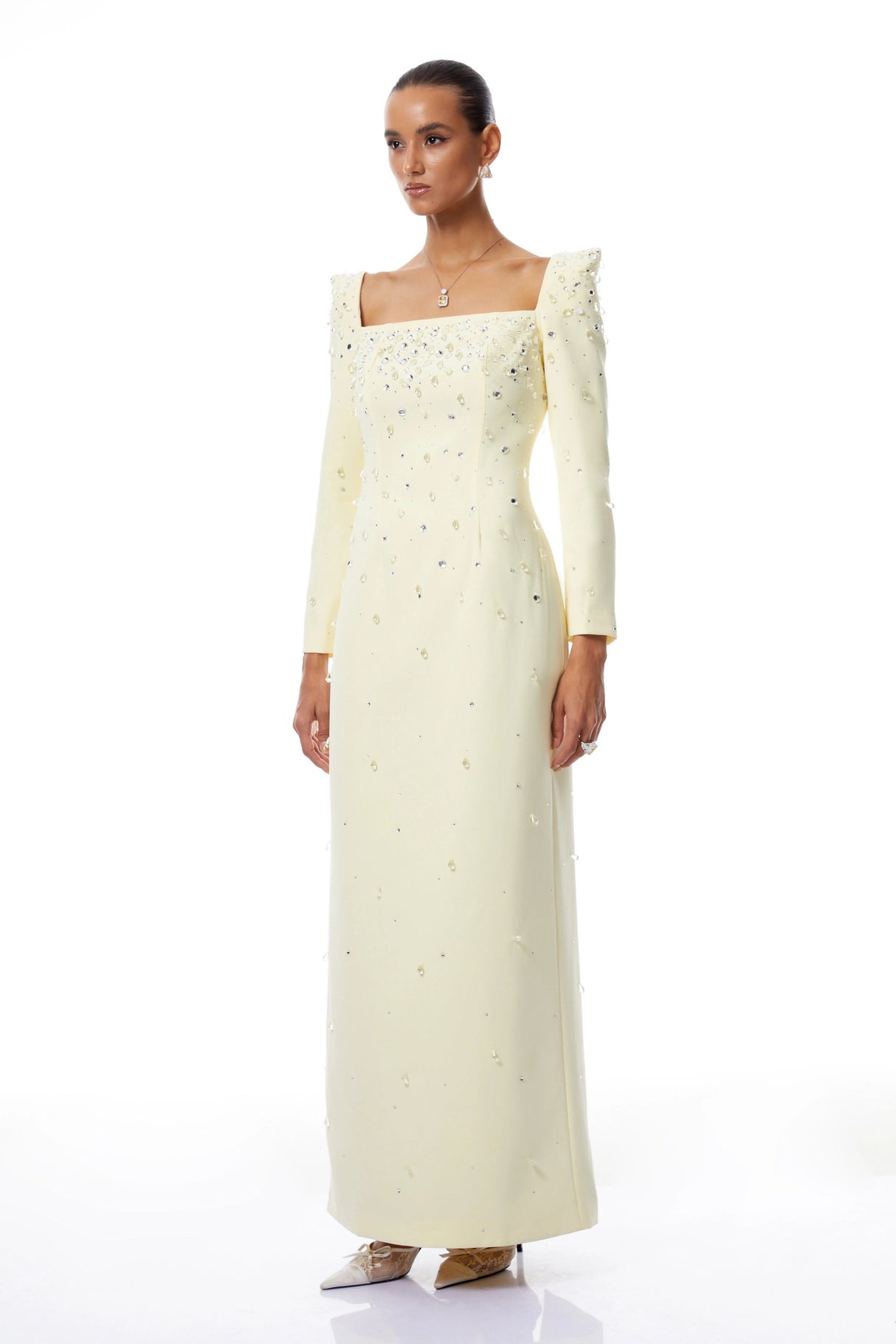 Carmela Yellow Square Neck Embellished Maxi Dress