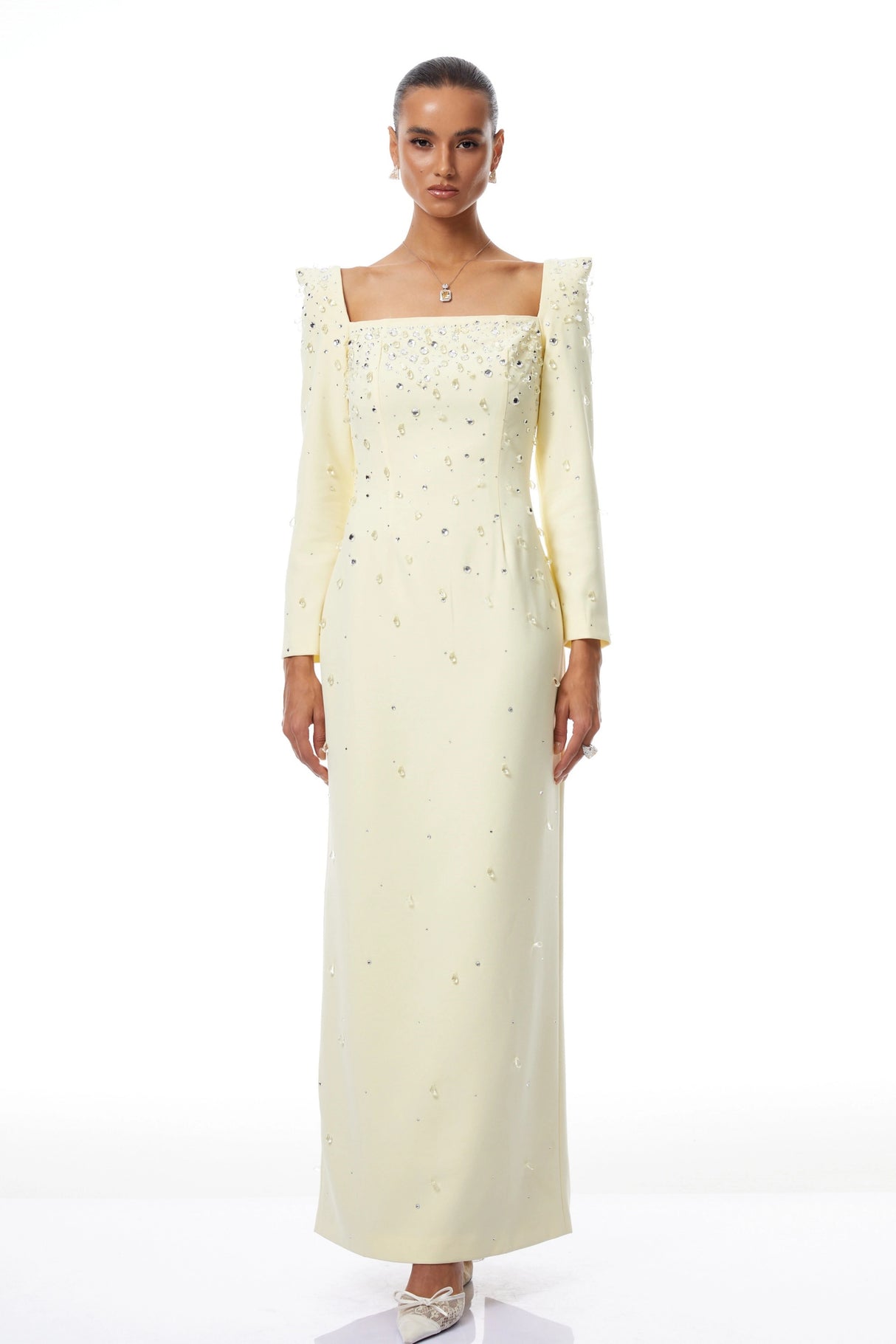 Carmela Yellow Square Neck Embellished Maxi Dress