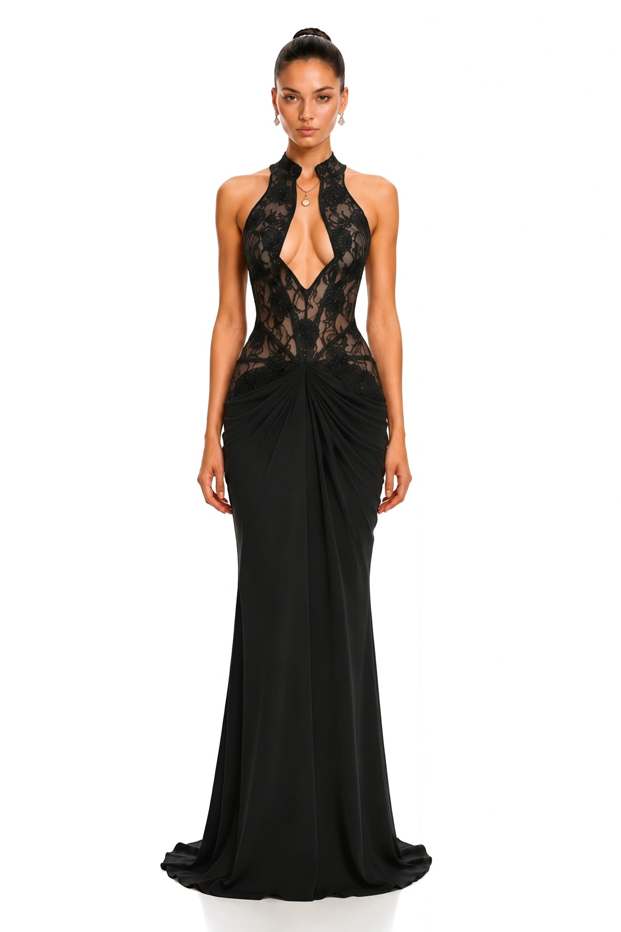 Carolina Black Plunge Neck Embellished Ruched Maxi Dress