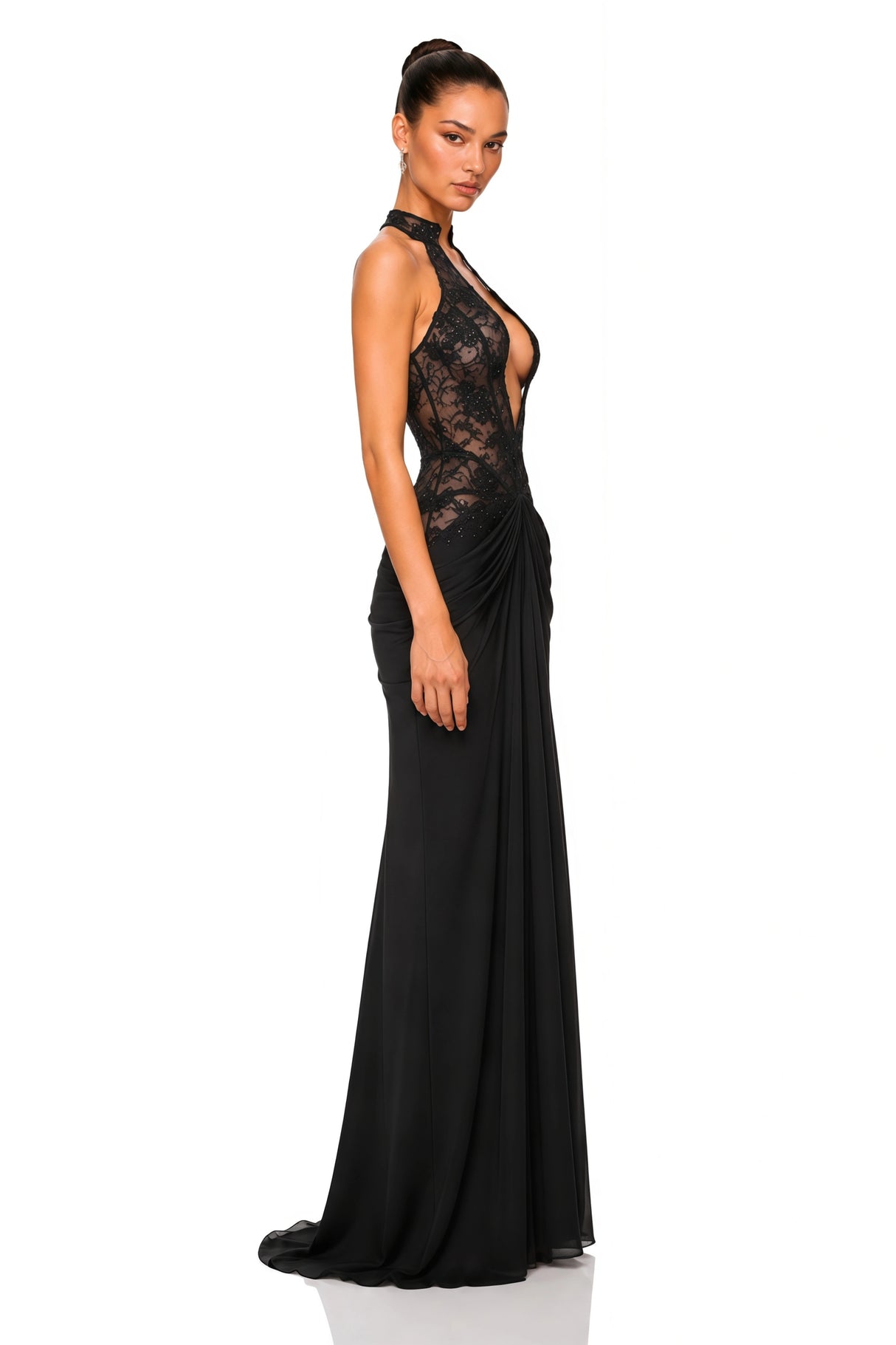 Carolina Black Plunge Neck Embellished Ruched Maxi Dress
