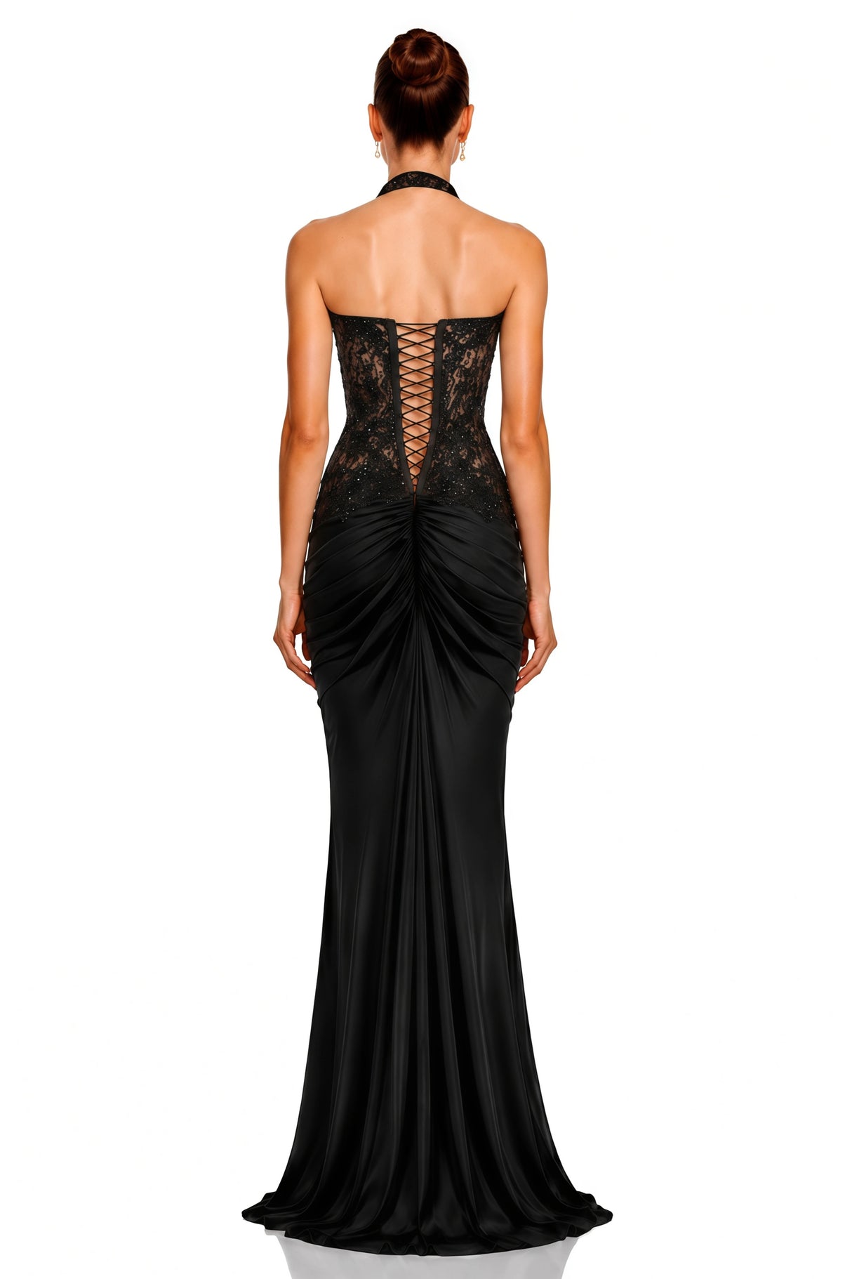 Carolina Black Plunge Neck Embellished Ruched Maxi Dress