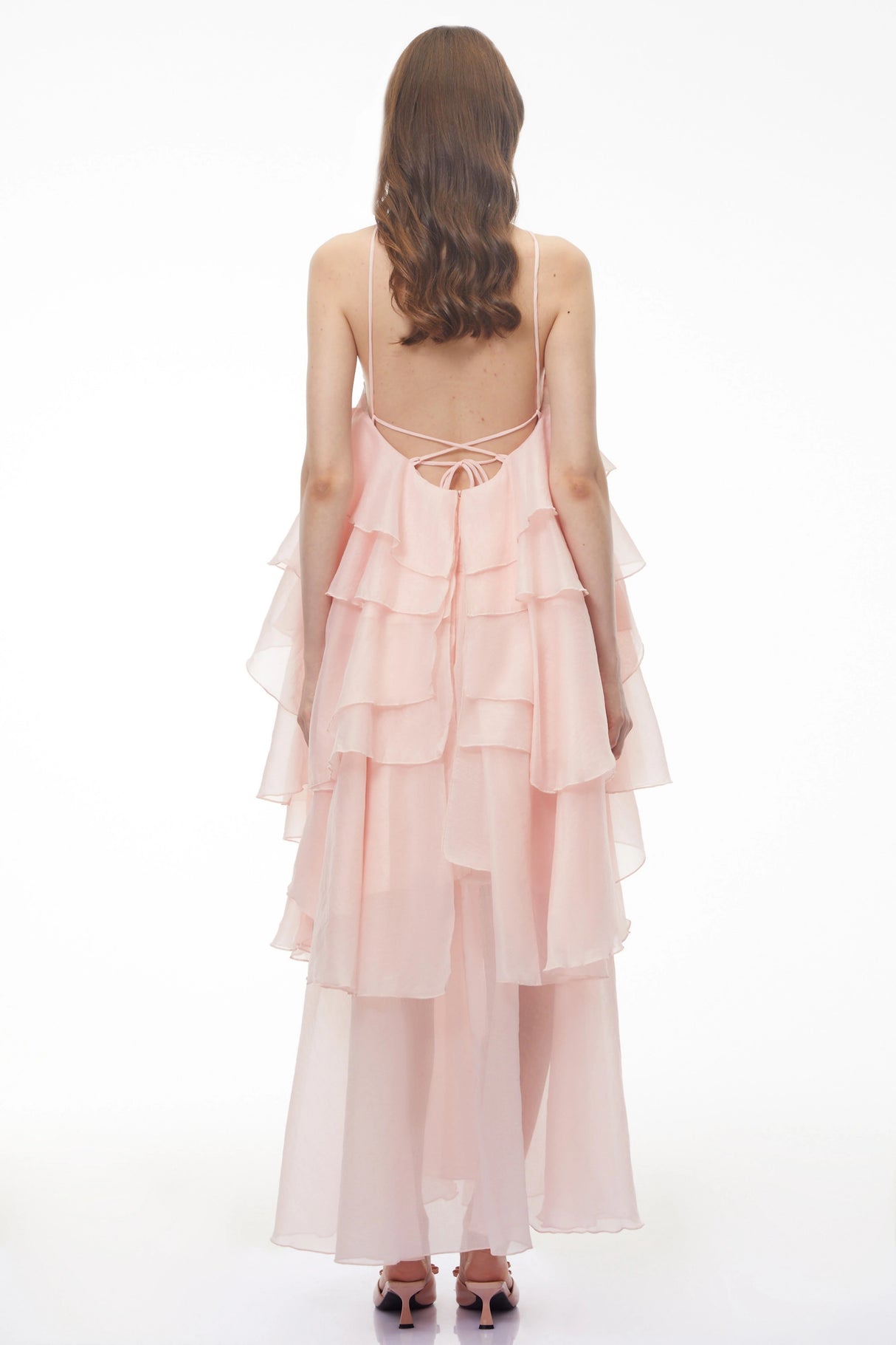 Carrie Pink Halterneck Flounced Maxi Dress