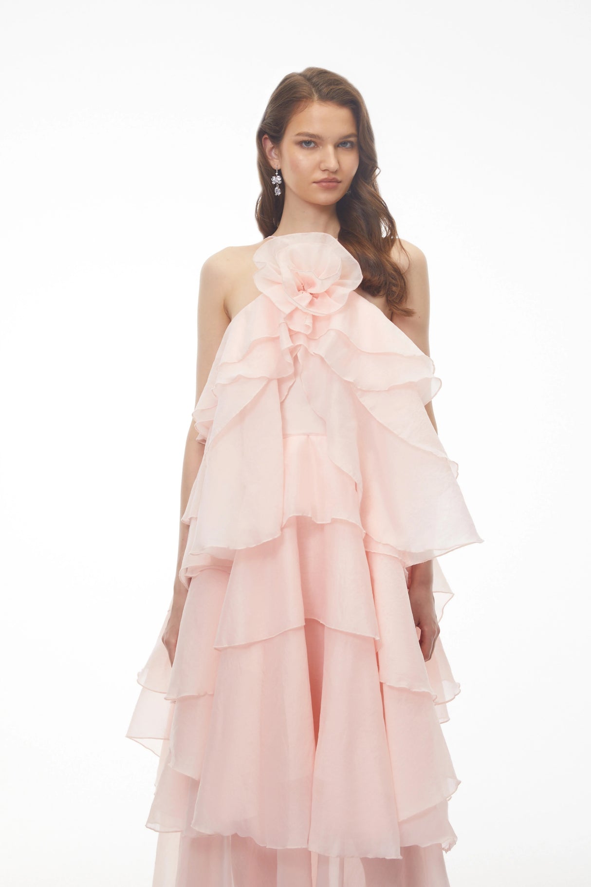 Carrie Pink Halterneck Flounced Maxi Dress