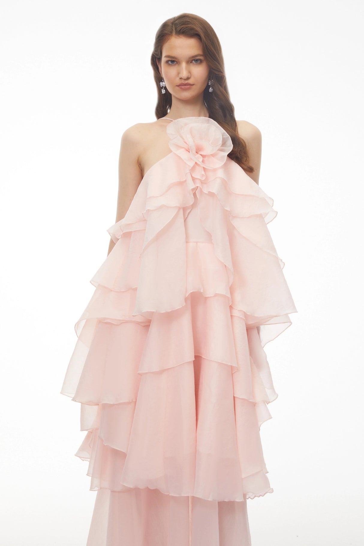 Carrie Pink Halterneck Flounced Maxi Dress