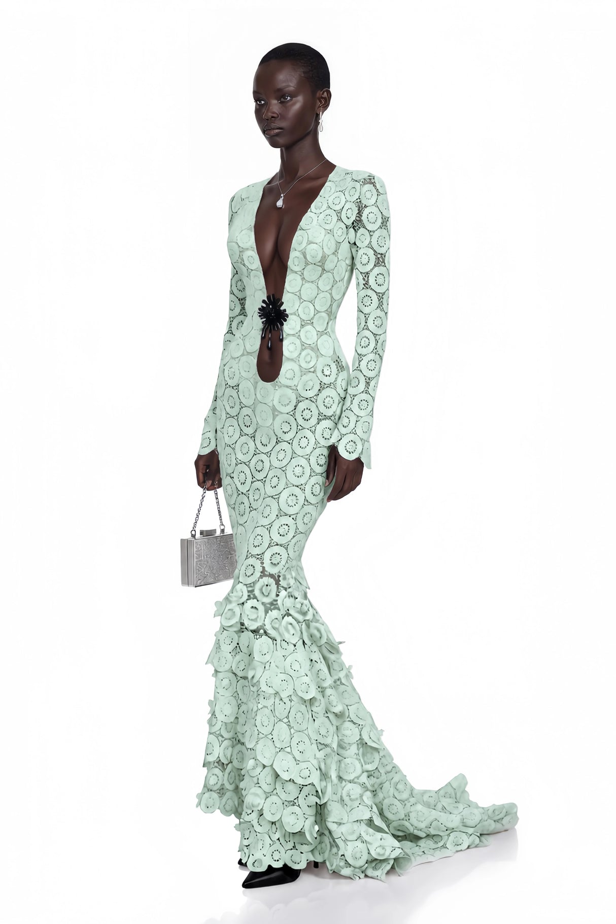 Cass Mint Green VNeck Lace Bodycon Maxi Dress