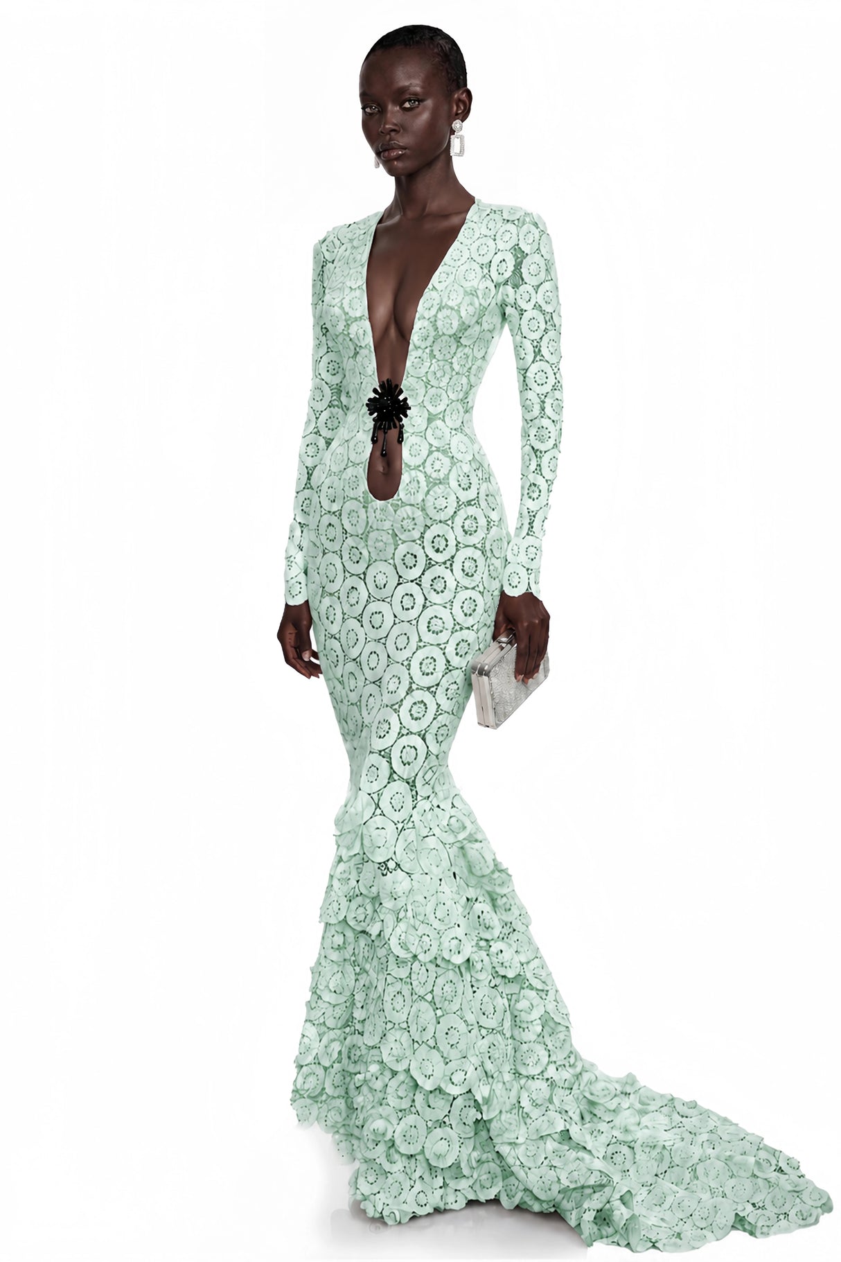 Cass Mint Green VNeck Lace Bodycon Maxi Dress
