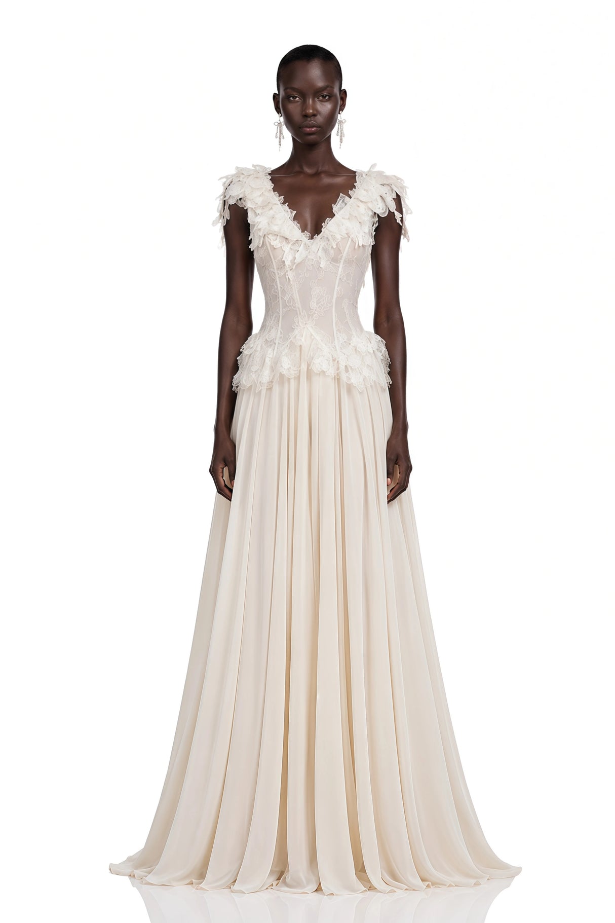 Cassandre Ivory VNeck Ruffled Maxi Dress with Lace Trim