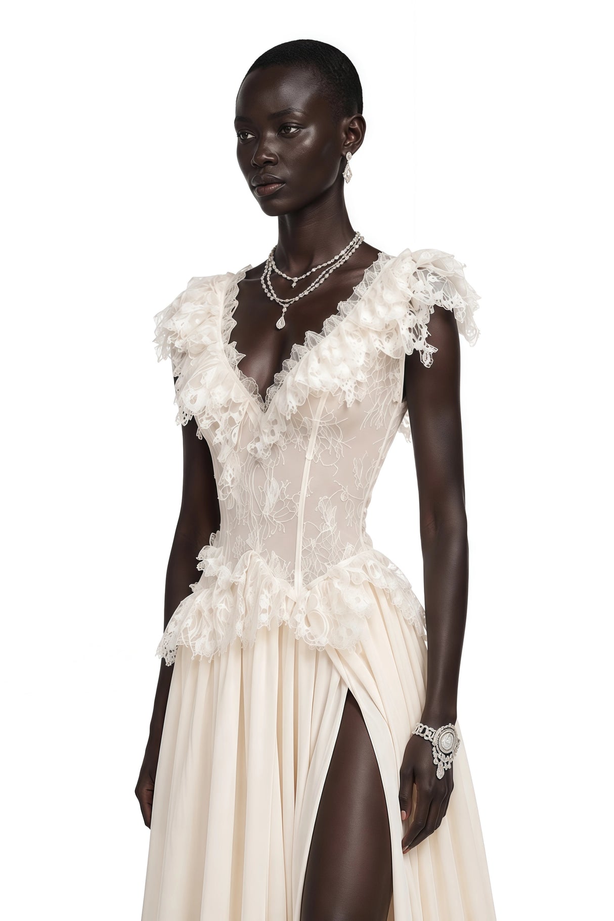 Cassandre Ivory VNeck Ruffled Maxi Dress with Lace Trim