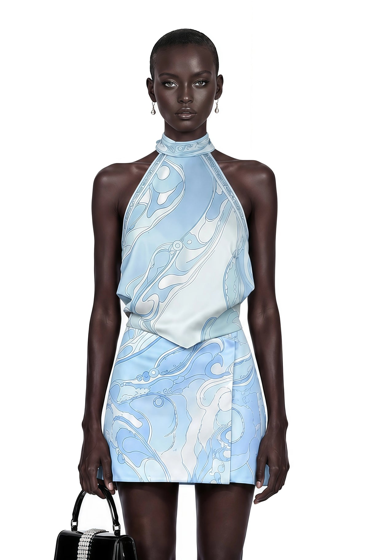 Cassia Blue Floral Halterneck Top Skirt Set