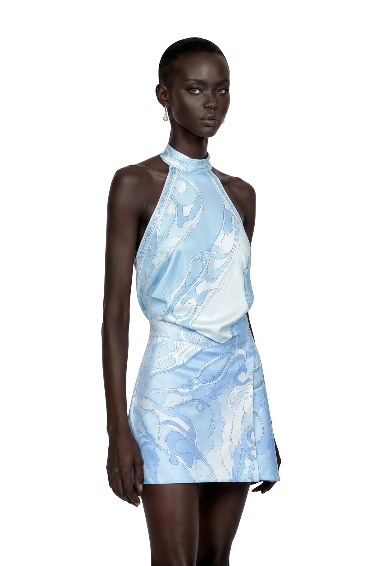 Cassia Blue Floral Halterneck Top Skirt Set