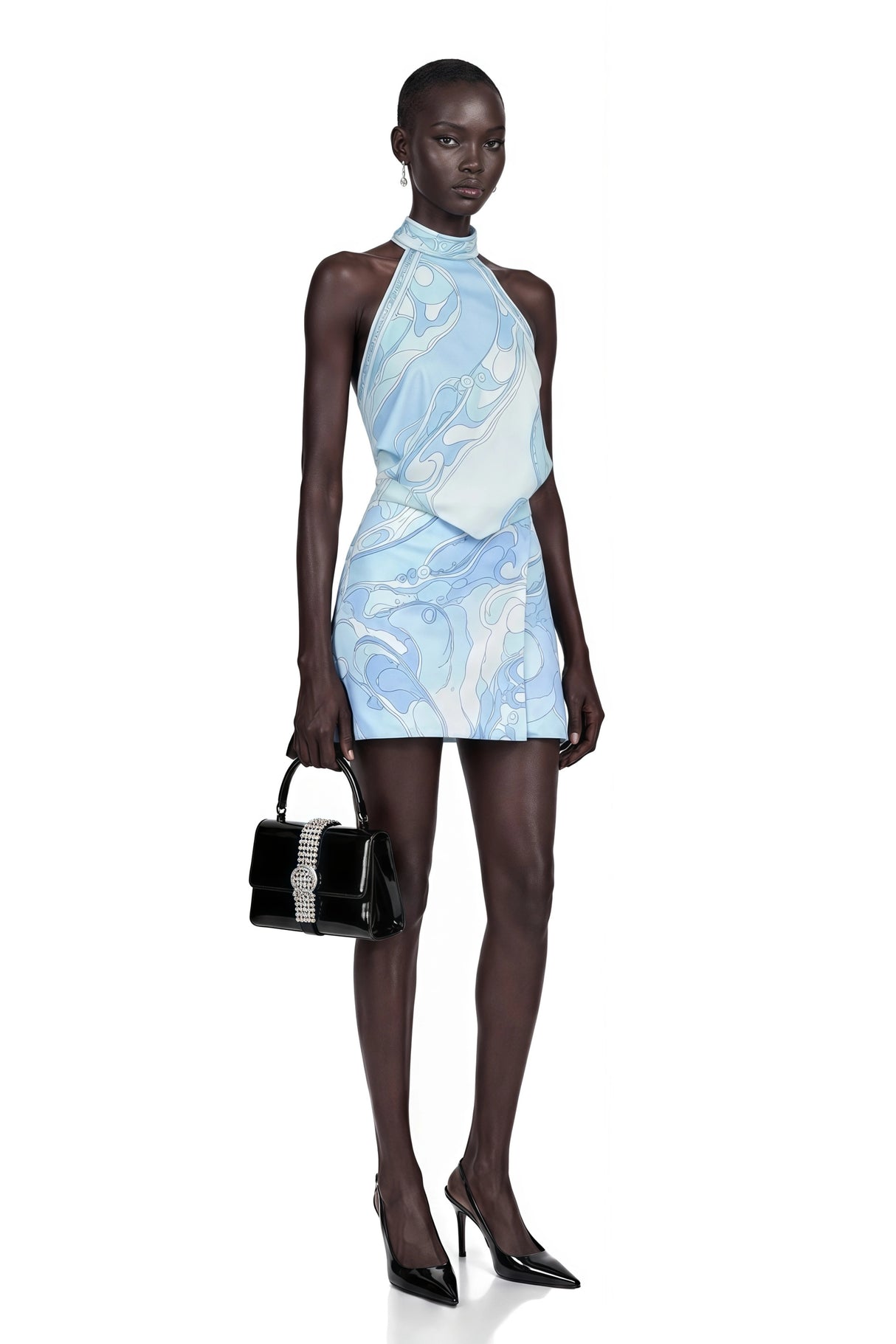 Cassia Blue Floral Halterneck Top Skirt Set