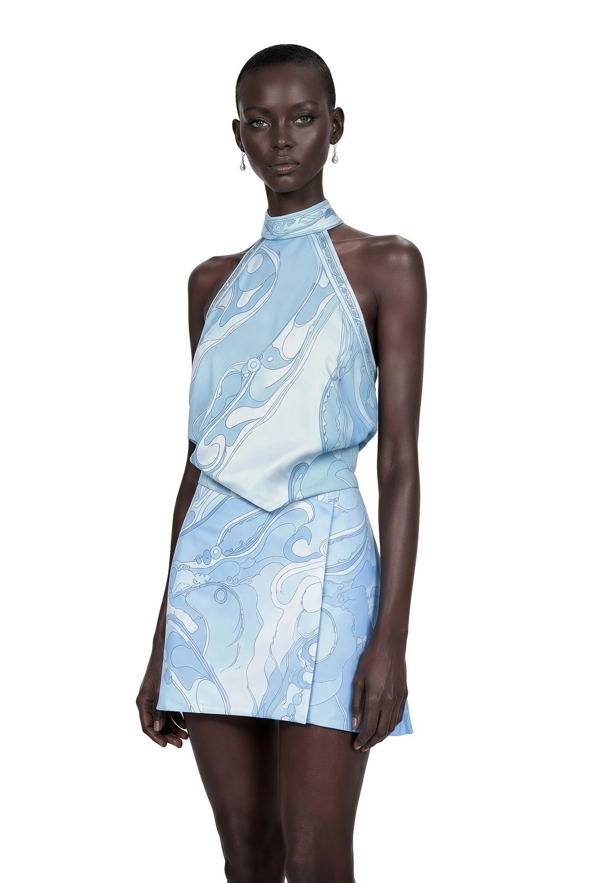 Cassia Blue Floral Halterneck Top Skirt Set