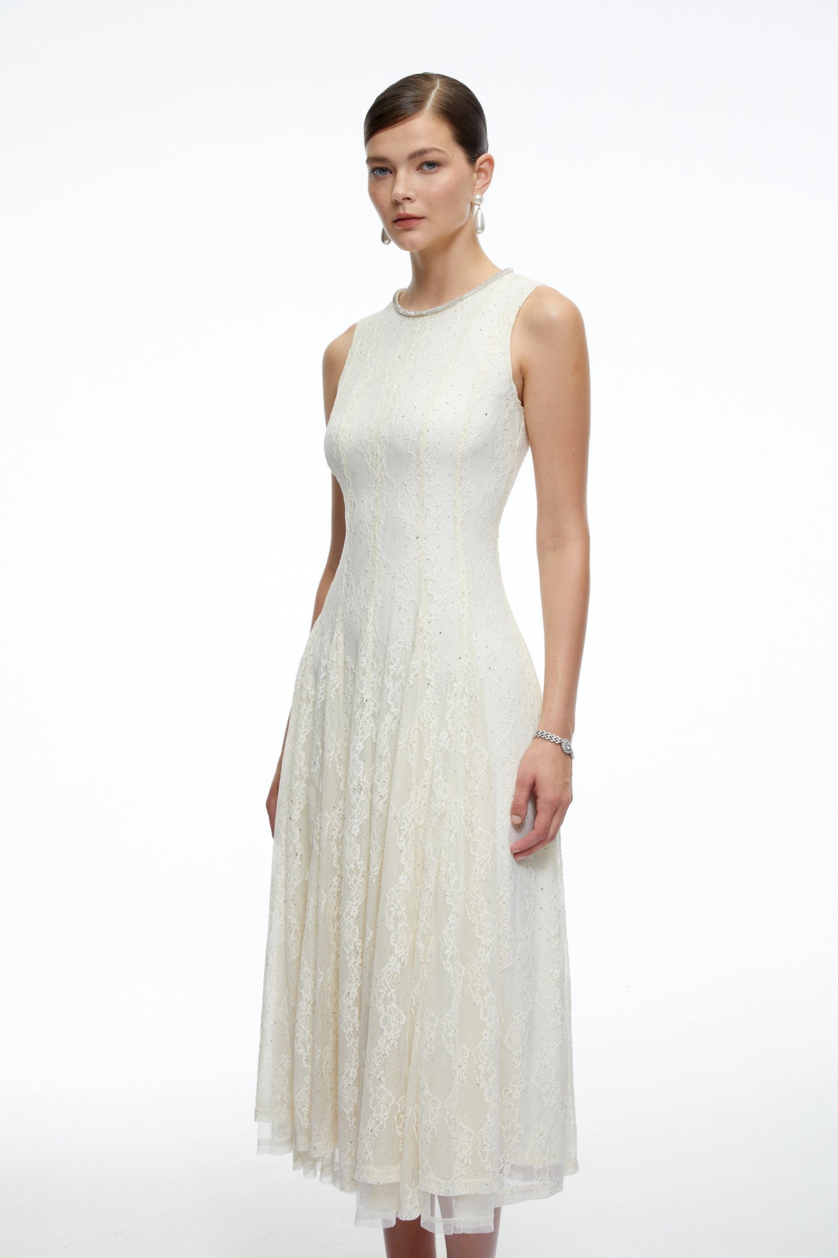 Cassia White Embroidered Midi Dress with Lace