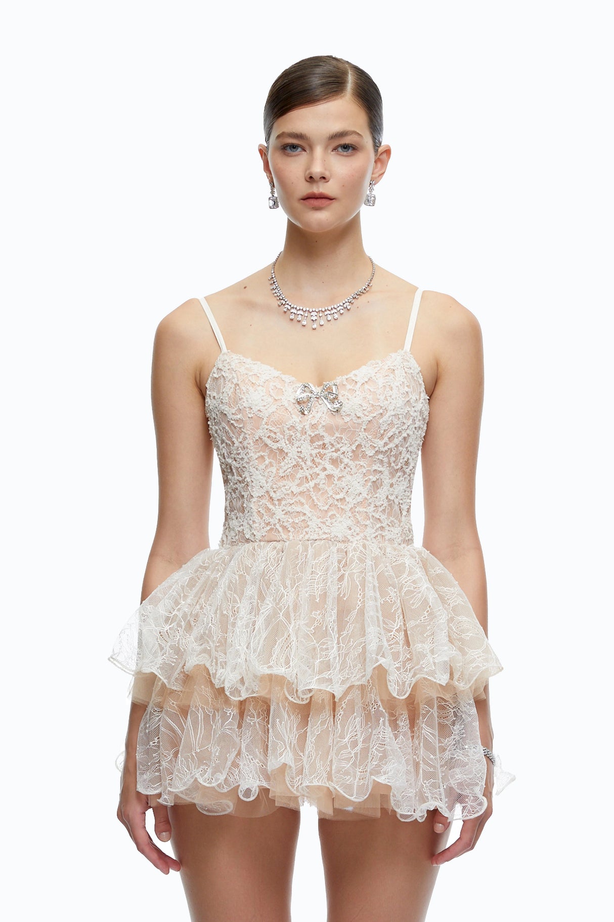 Cassidy Neutral Lace Ruffled Embellished Mini Dress