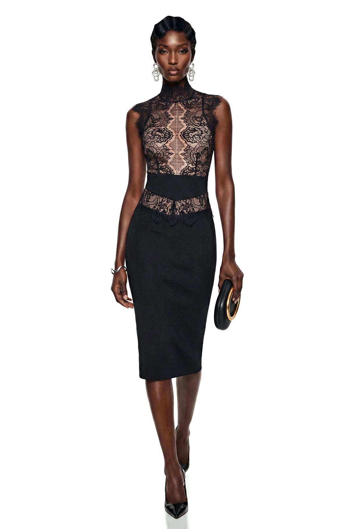 Catherine Black Mock Neck Floral Lace Midi Dress