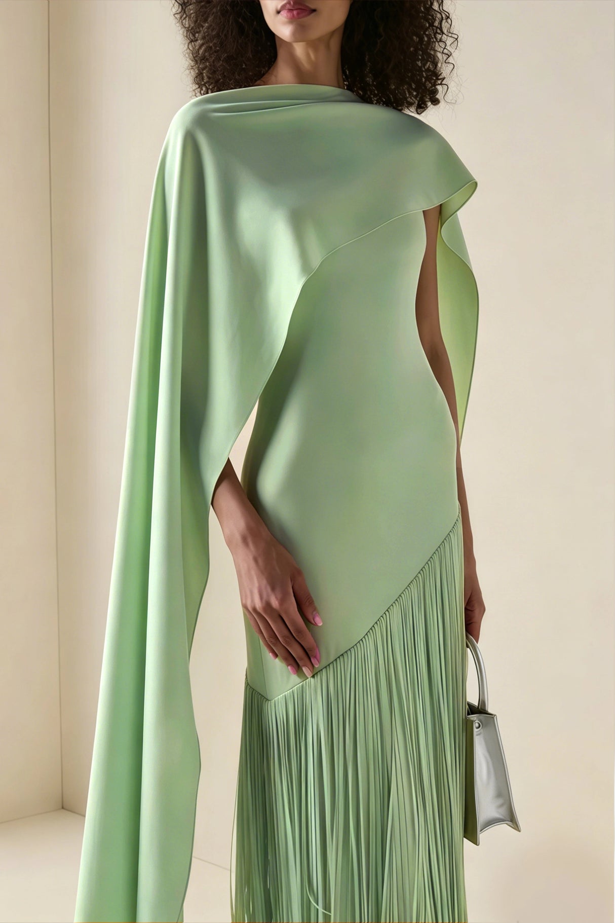 Cayetana Emerald Green Fringe Maxi Dress with Cape Effect